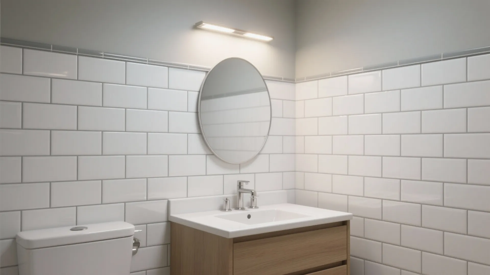 Bathroom interior design with white brick wall tiles round mirror wooden cabinet toilet and wall light