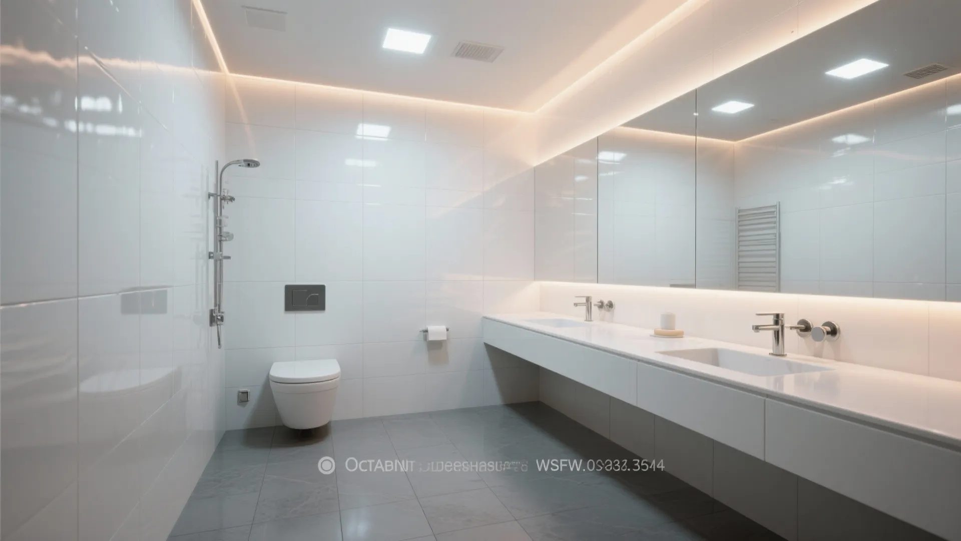 Minimalist white bathroom with large mirror double sinks toilet shower fixture gray floor tiles and lighting