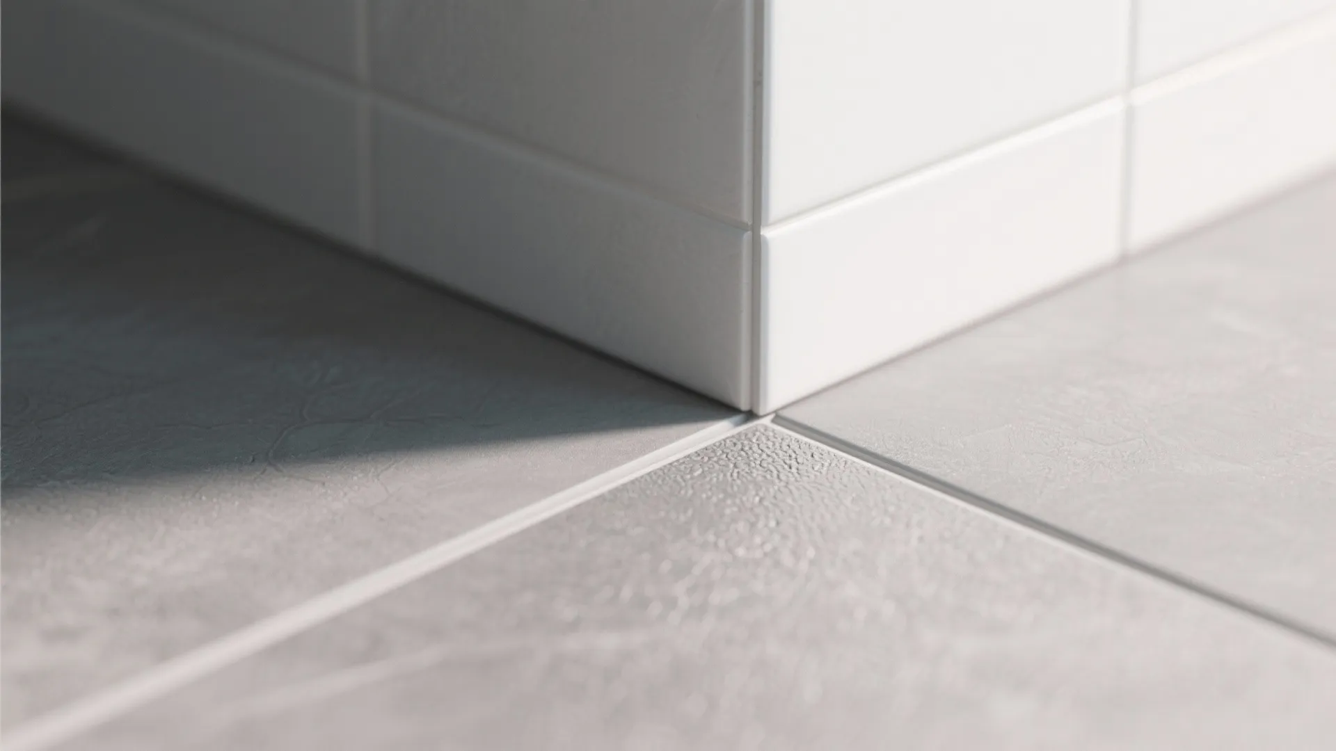 Large-format grey floor, crisp white walls