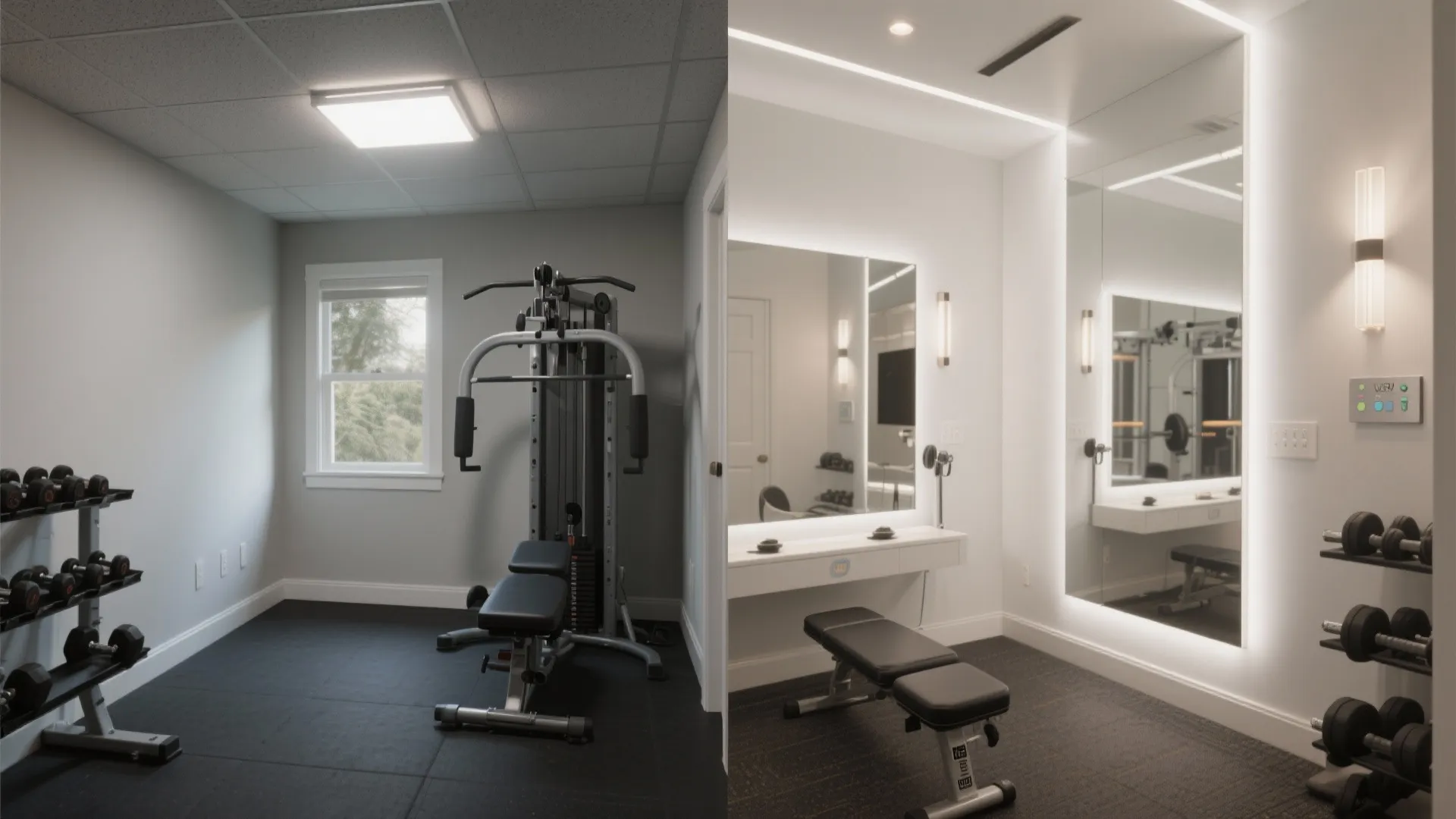 Before-and-after of a compact gym from harsh single fixture to layered, zoned, and glare-free lighting.