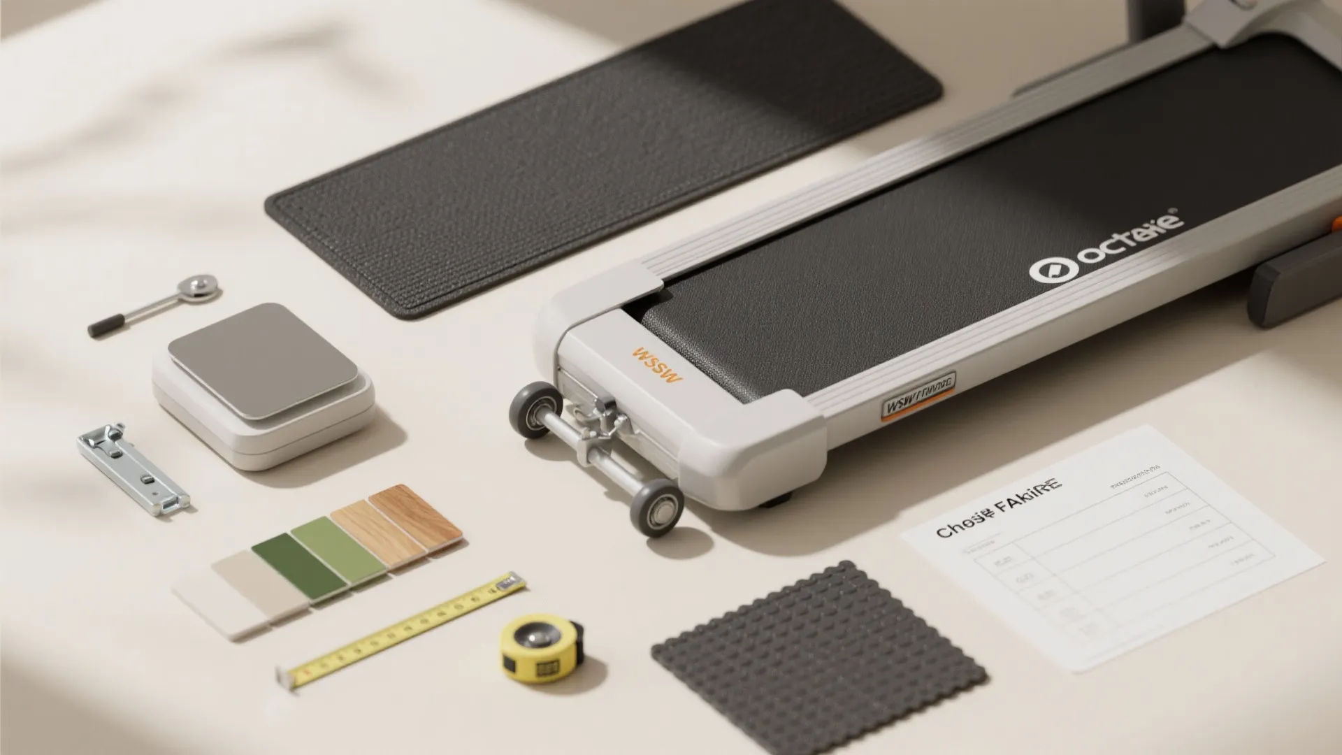 Modern treadmill flat lay with color samples yellow measuring tape and gym equipment planning tools