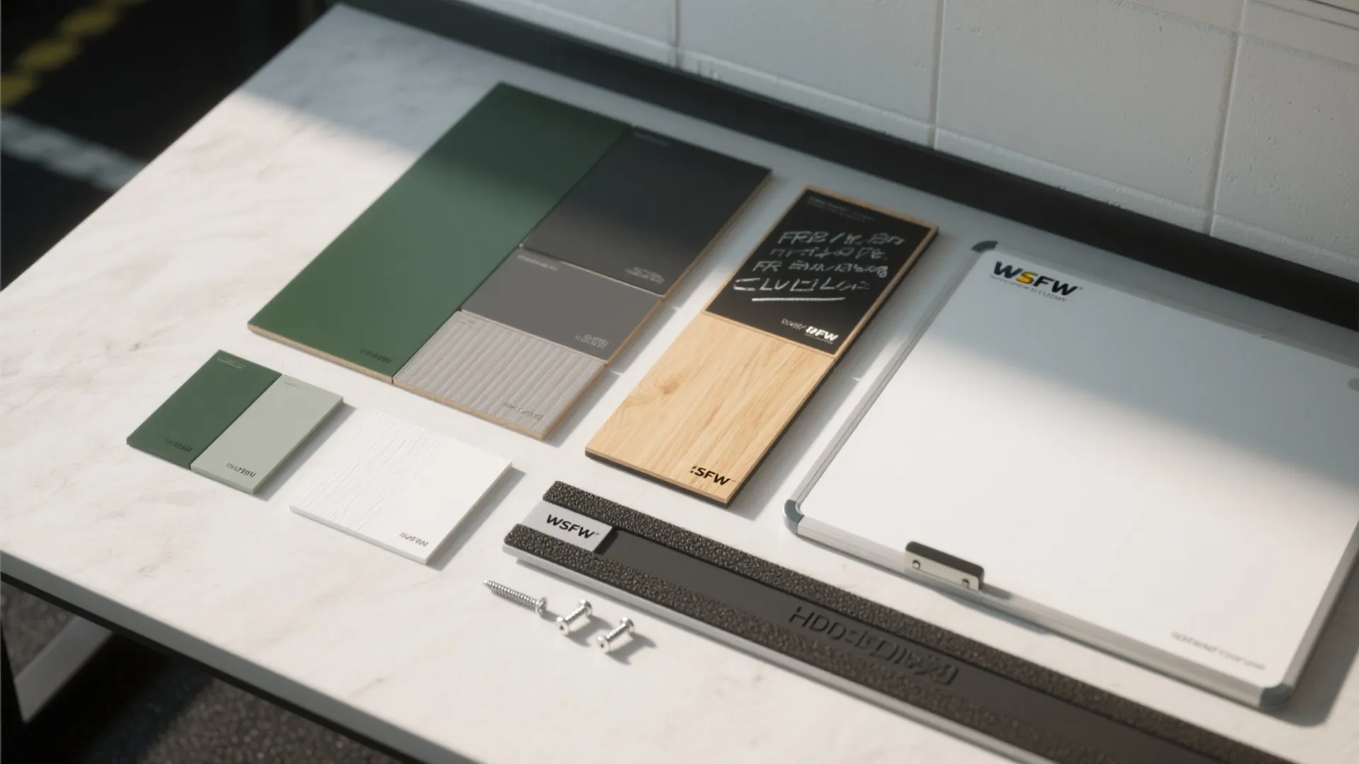 Interior design material board showing wood green and grey samples for a home gym project layout
