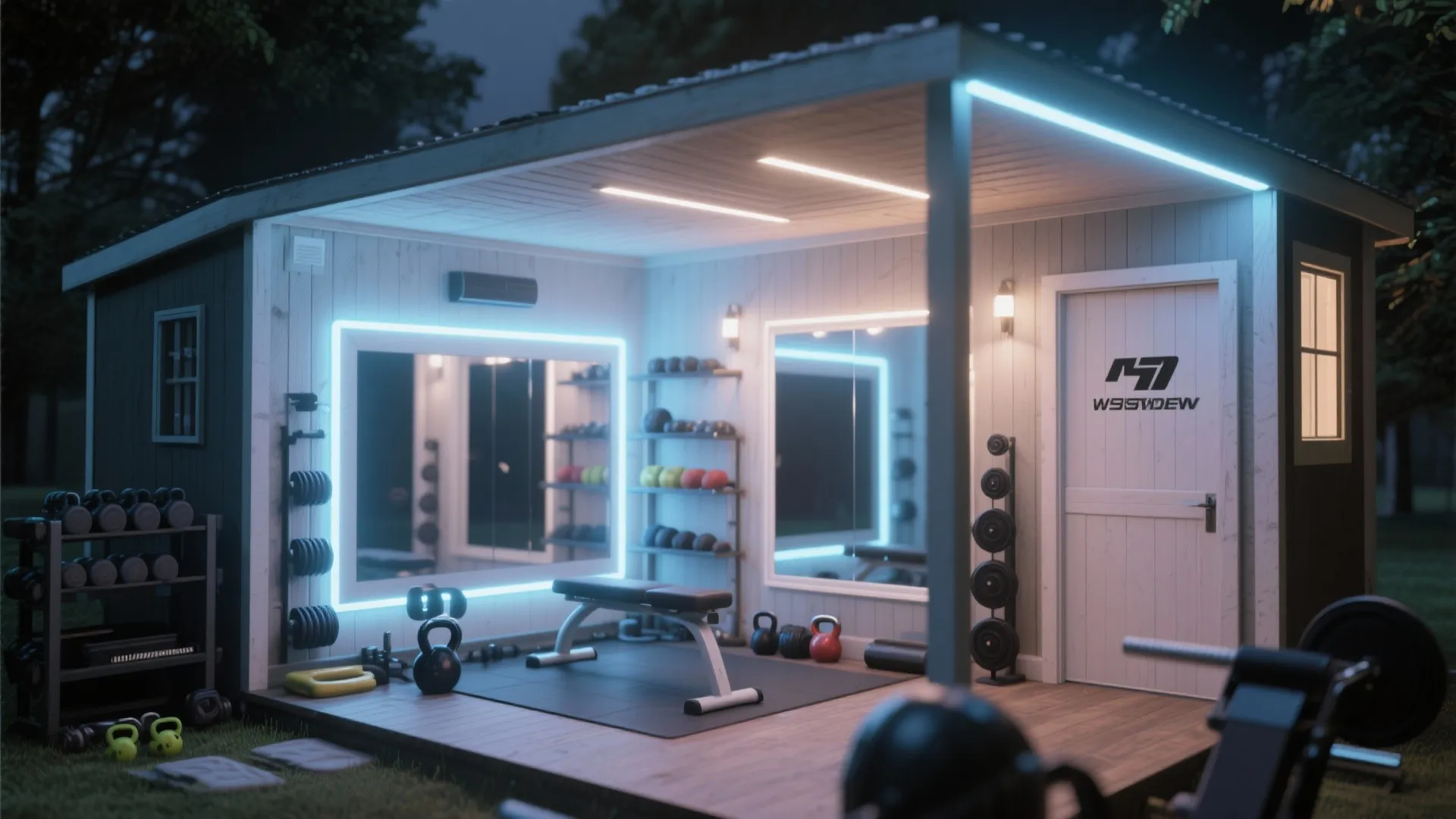 Small home gym shed with LED lighting and large wall mirror to enhance brightness