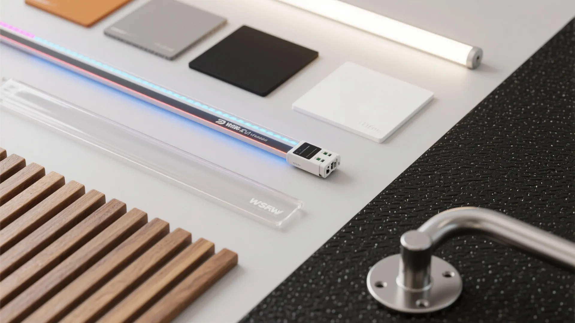 Flatlay of gym lighting materials: frosted diffusers, RGB strip, matte white paint, rubber floor, steel, wood.