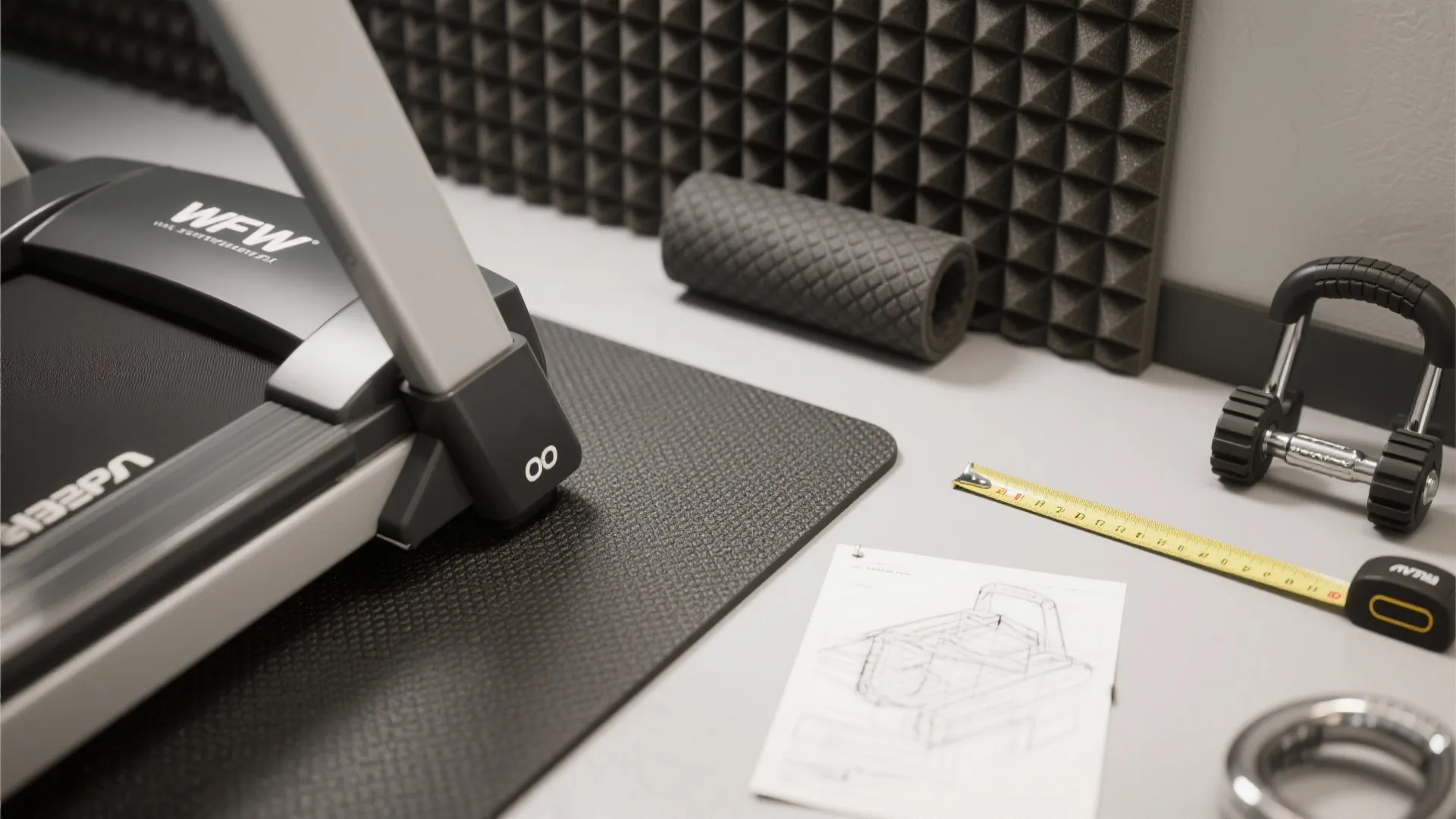 Close up of treadmill floor mat tape measure and foam wall panels for home gym