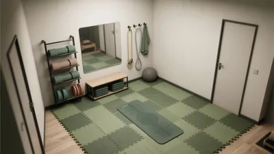 Calm Home Yoga Space with Green Checkered Matting