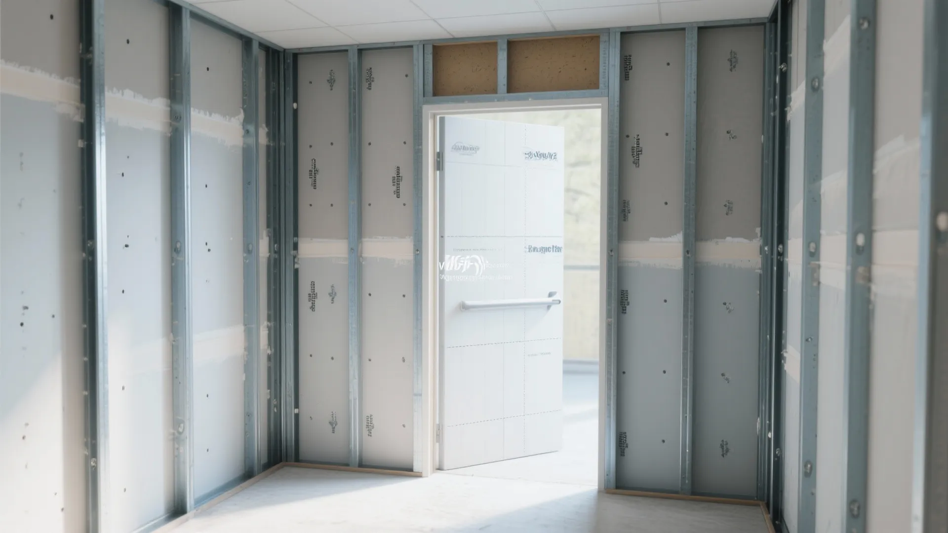 Metal wall frame with grey panels and an open white door in a construction site