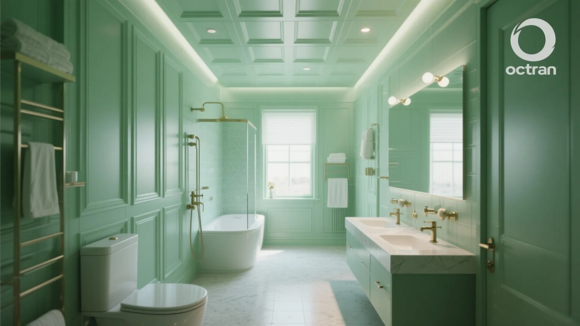 Green bathroom interior with square wall panel design double sinks gold faucets and large bathtub