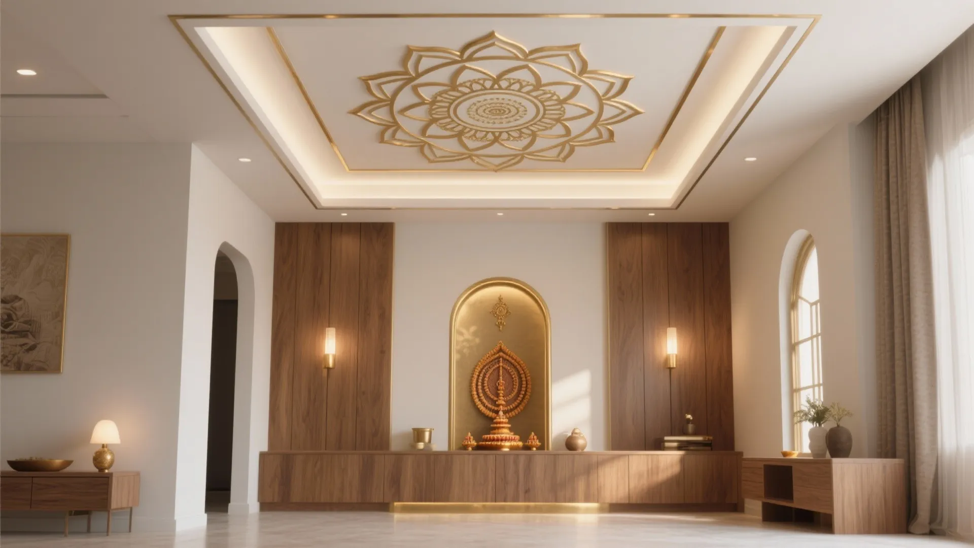 Modern prayer room with wood wall panels gold ceiling pattern and warm wall light fixtures