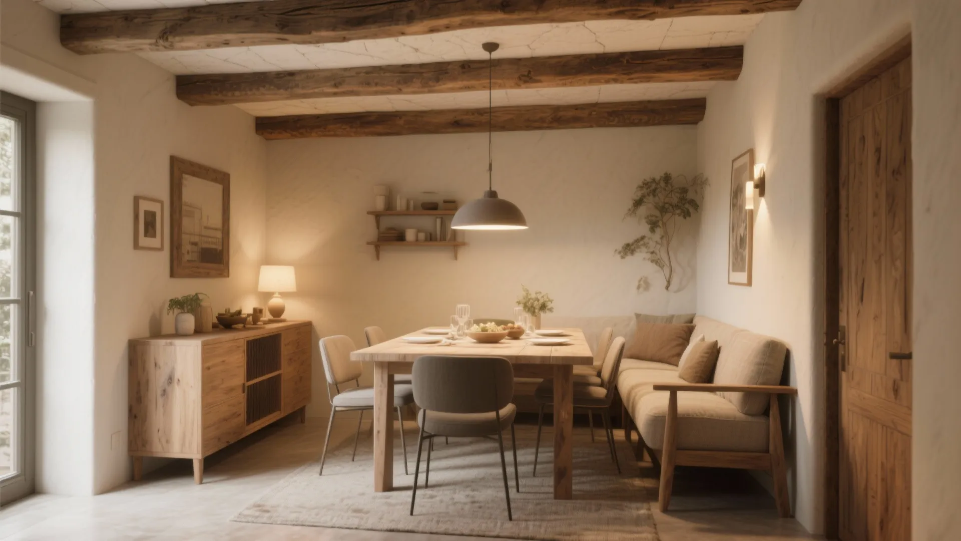 Warm dining room featuring rustic wooden ceiling beams wooden table grey chairs and a hanging light