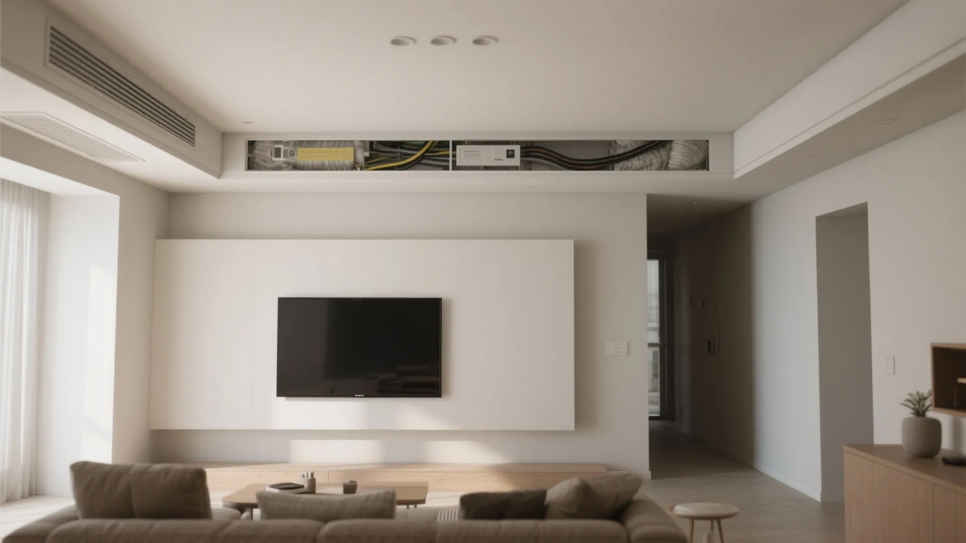 2) Seamless gypsum ceiling with hidden AC and cable routes