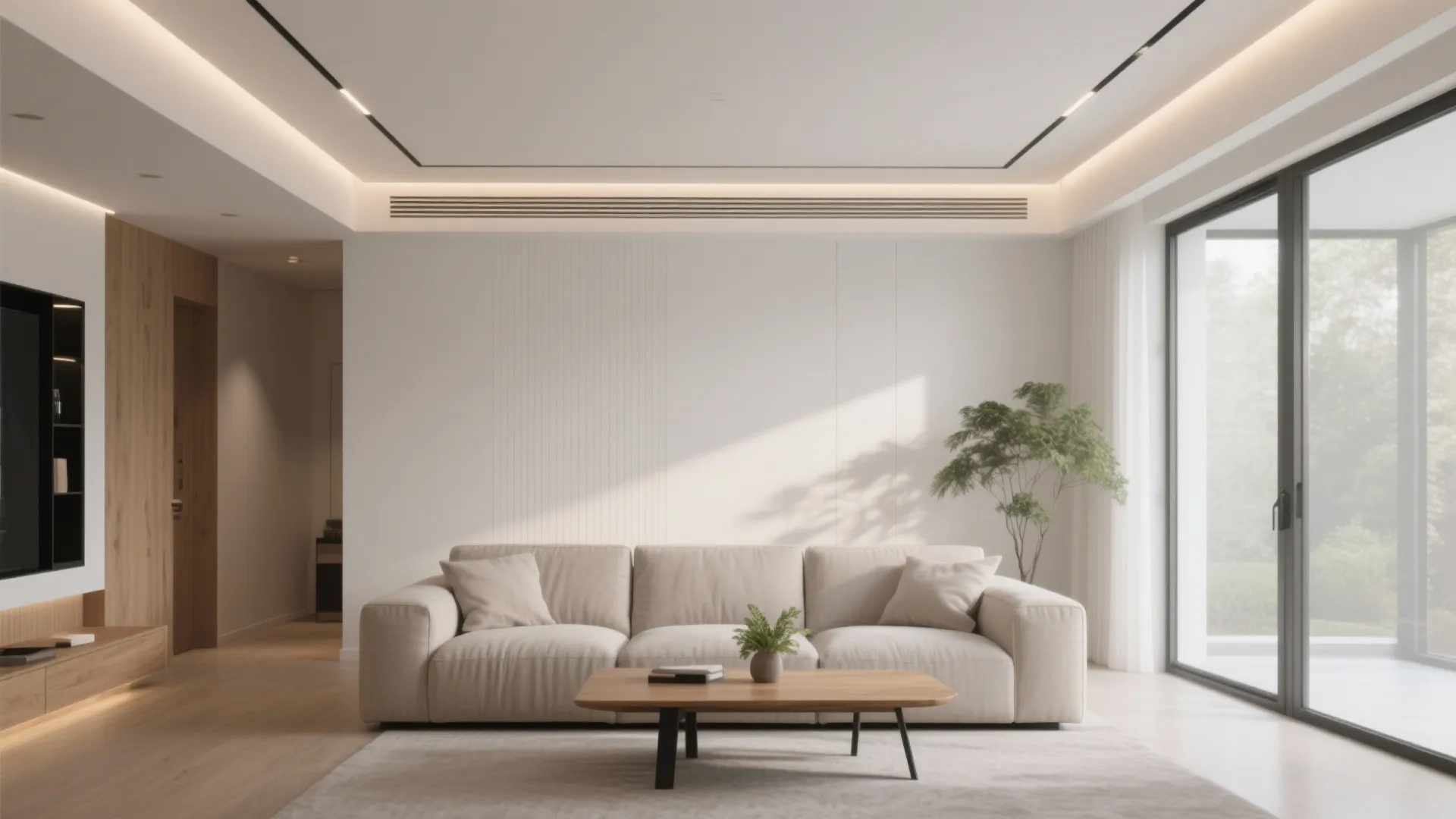 Bright living room featuring beige sofa wooden coffee table indoor plant and large sliding glass doors