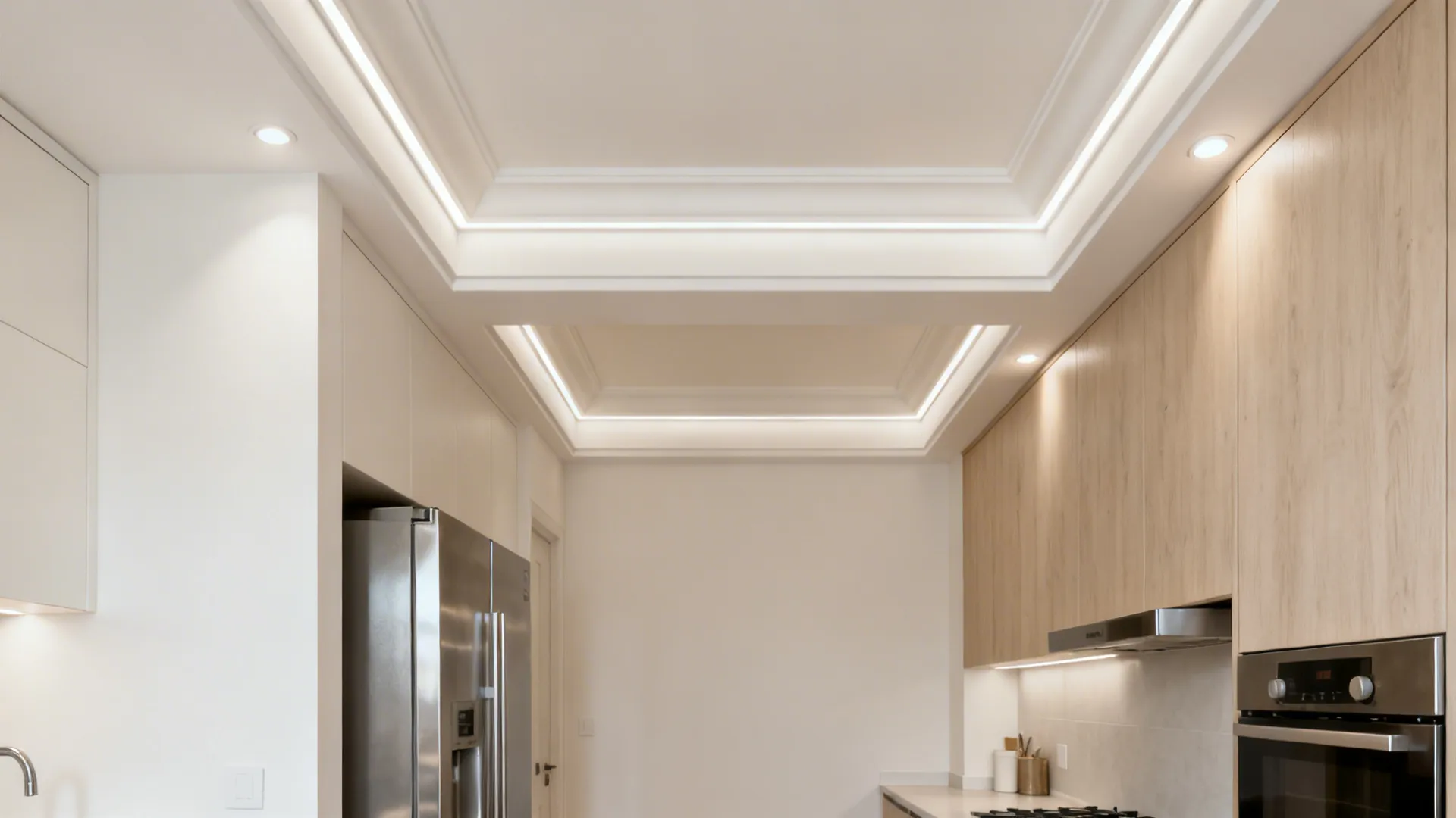 Shallow gypsum coffered kitchen ceiling with concealed LED strips and spotlights, bright and even lighting.