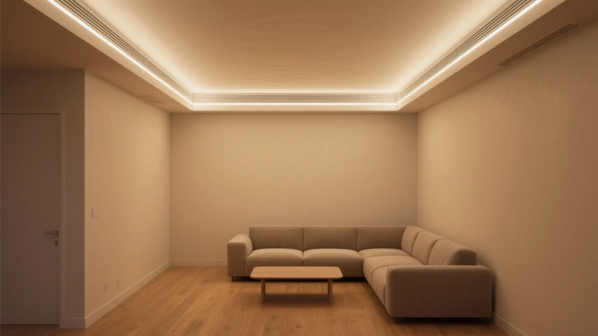 1) Minimal gypsum bands with layered cove lighting