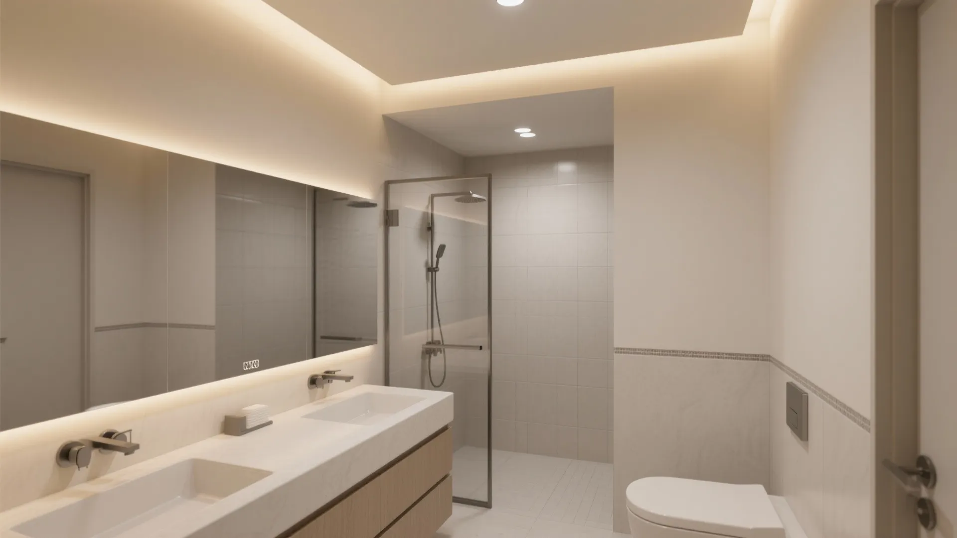 Bright bathroom interior with large mirror wood cabinet glass shower door white toilet and ceiling lights