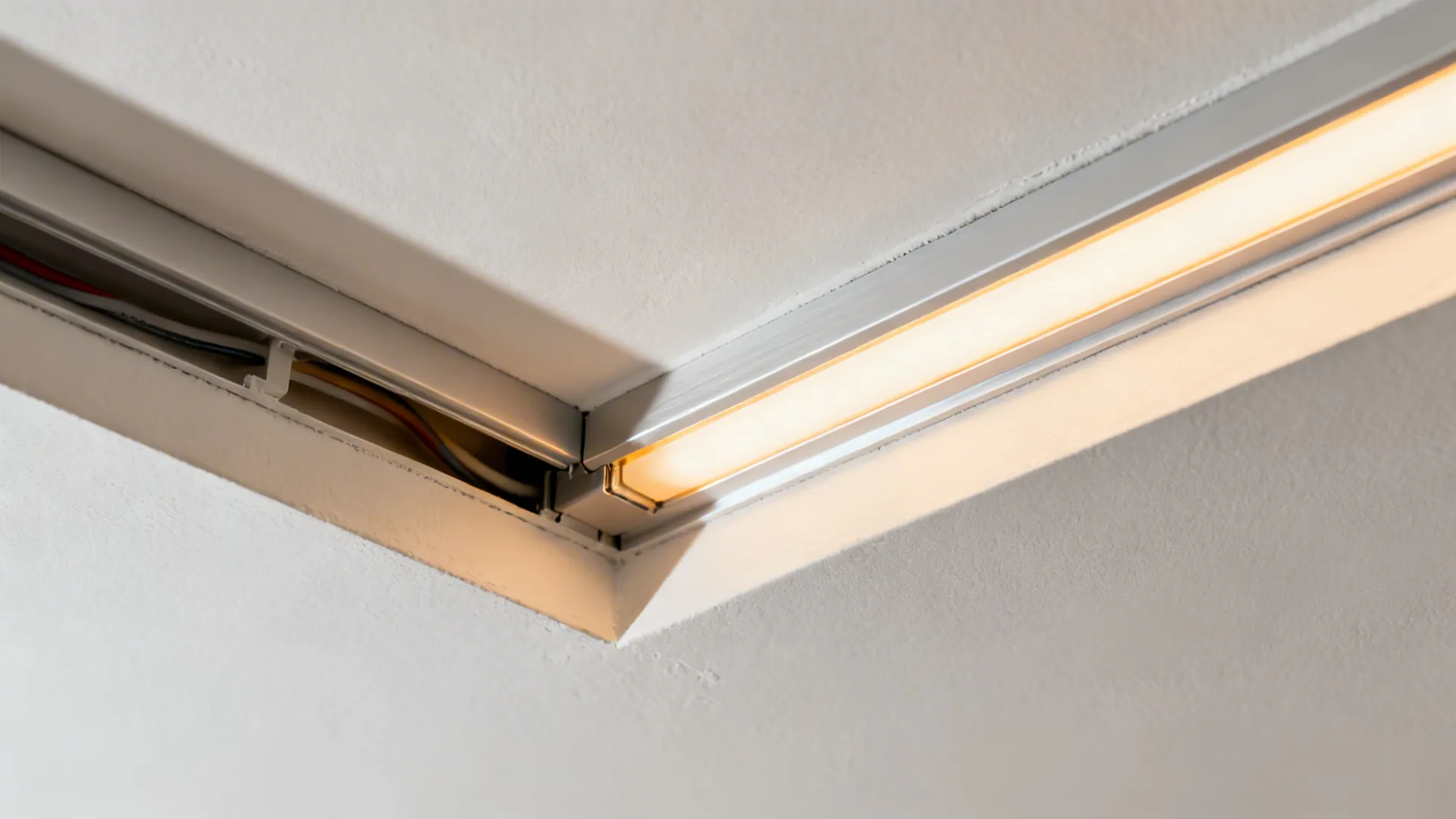 Macro of gypsum tray ceiling edge with warm LED cove and aluminum profile.