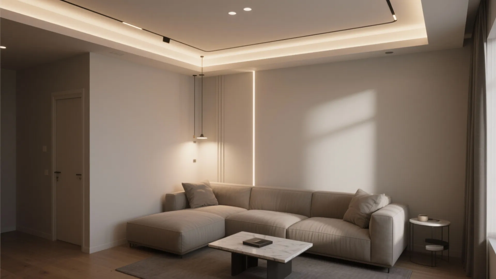 Modern living room with beige sofa marble coffee table hidden ceiling light and white wall panel