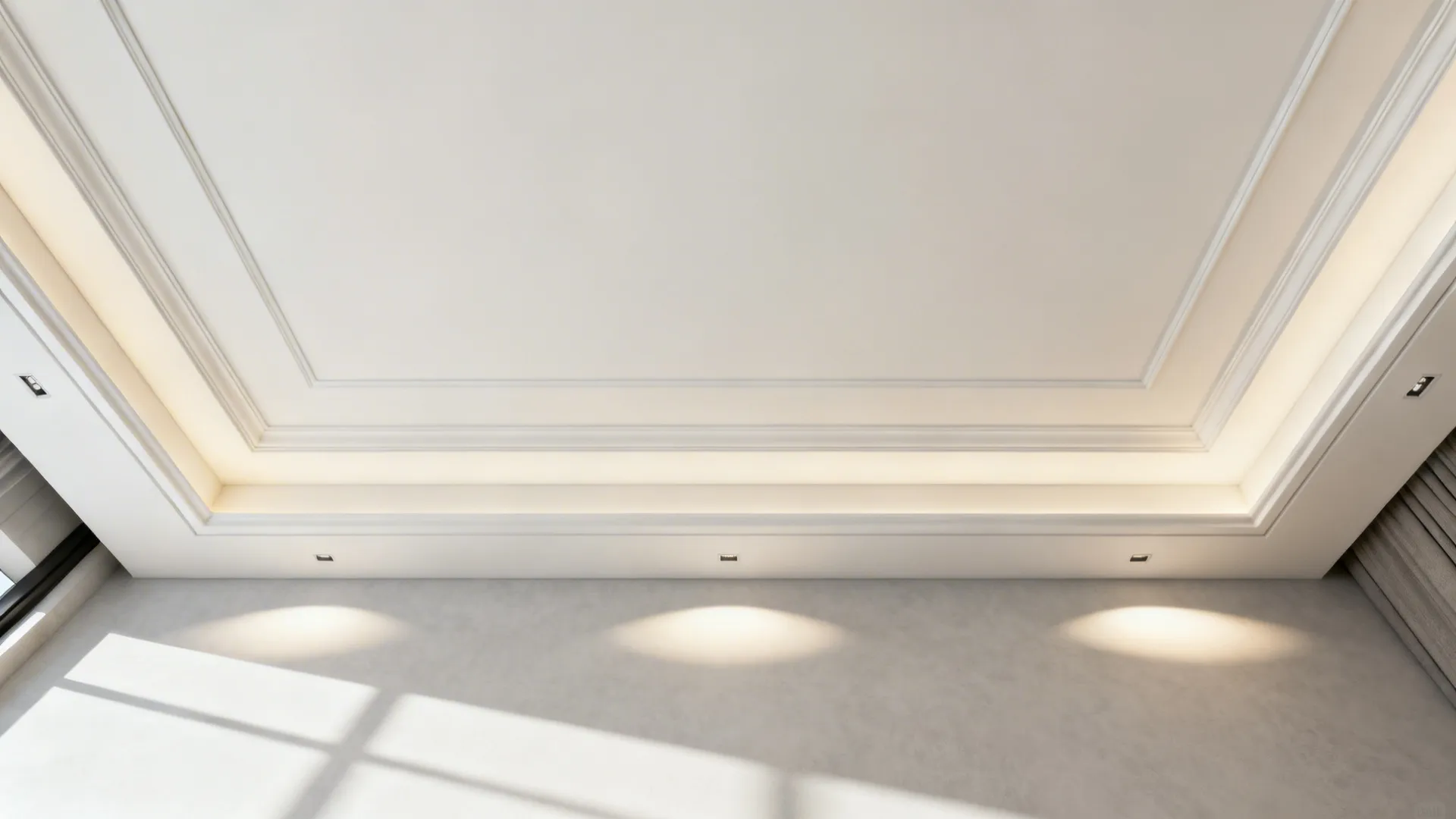 Top-down view of layered gypsum ceiling plan with perimeter cove and access points.