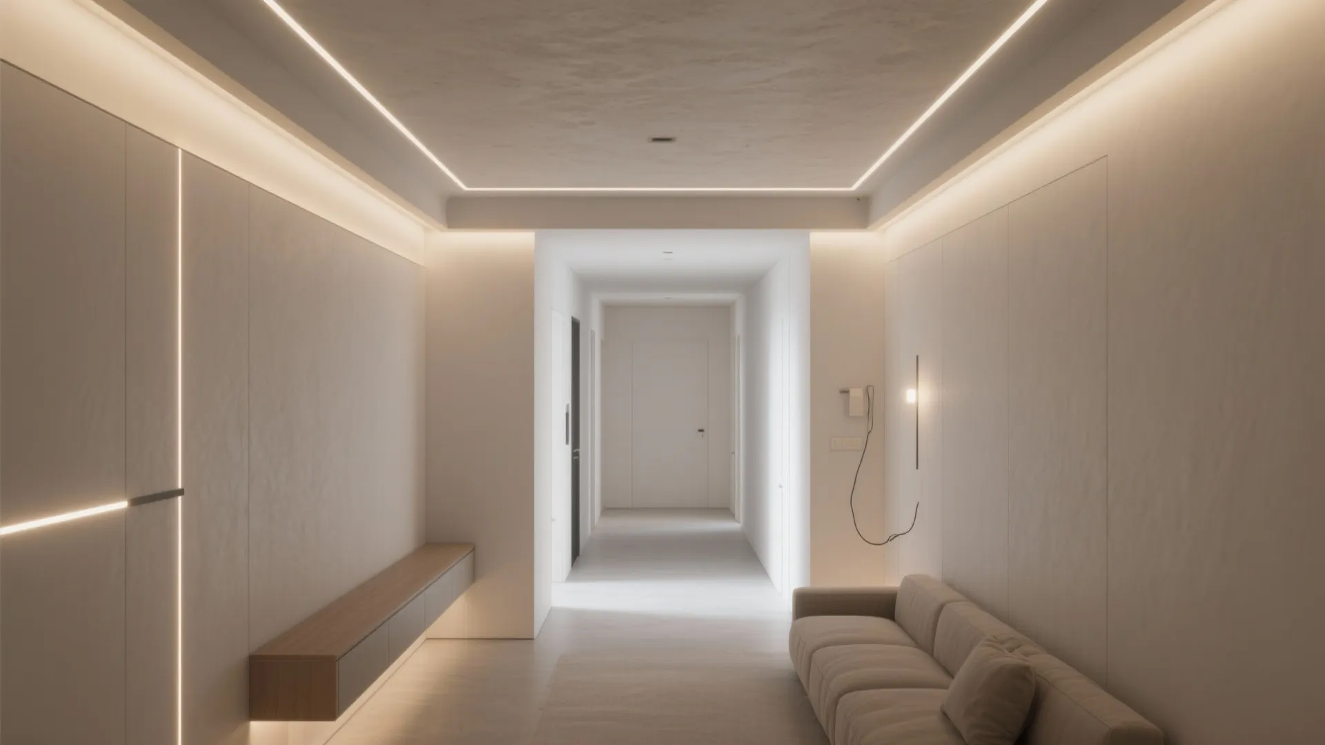 Minimalist white hallway interior design featuring hidden ceiling light lines a sofa and wood cabinet