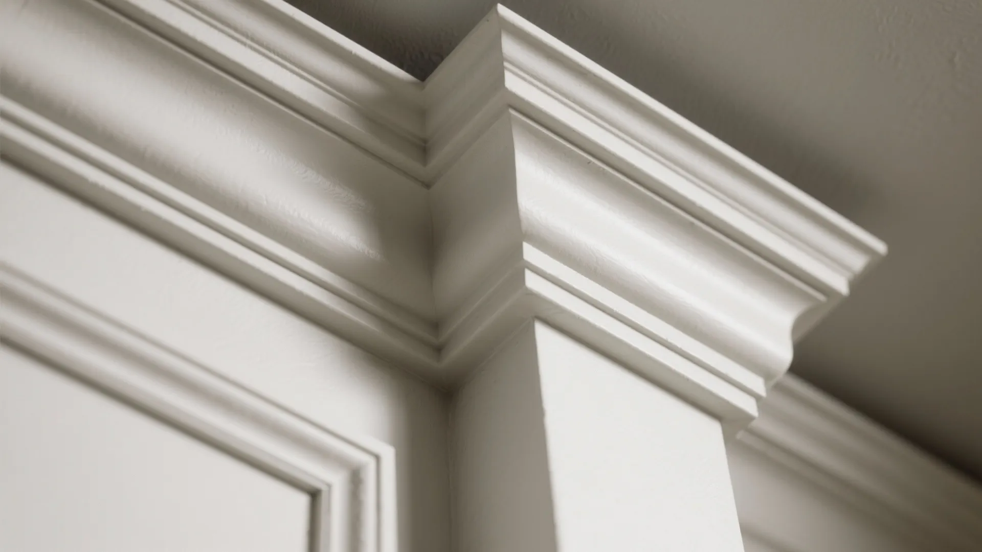 Close up view of white decorative wall panel and ceiling trim details in a room