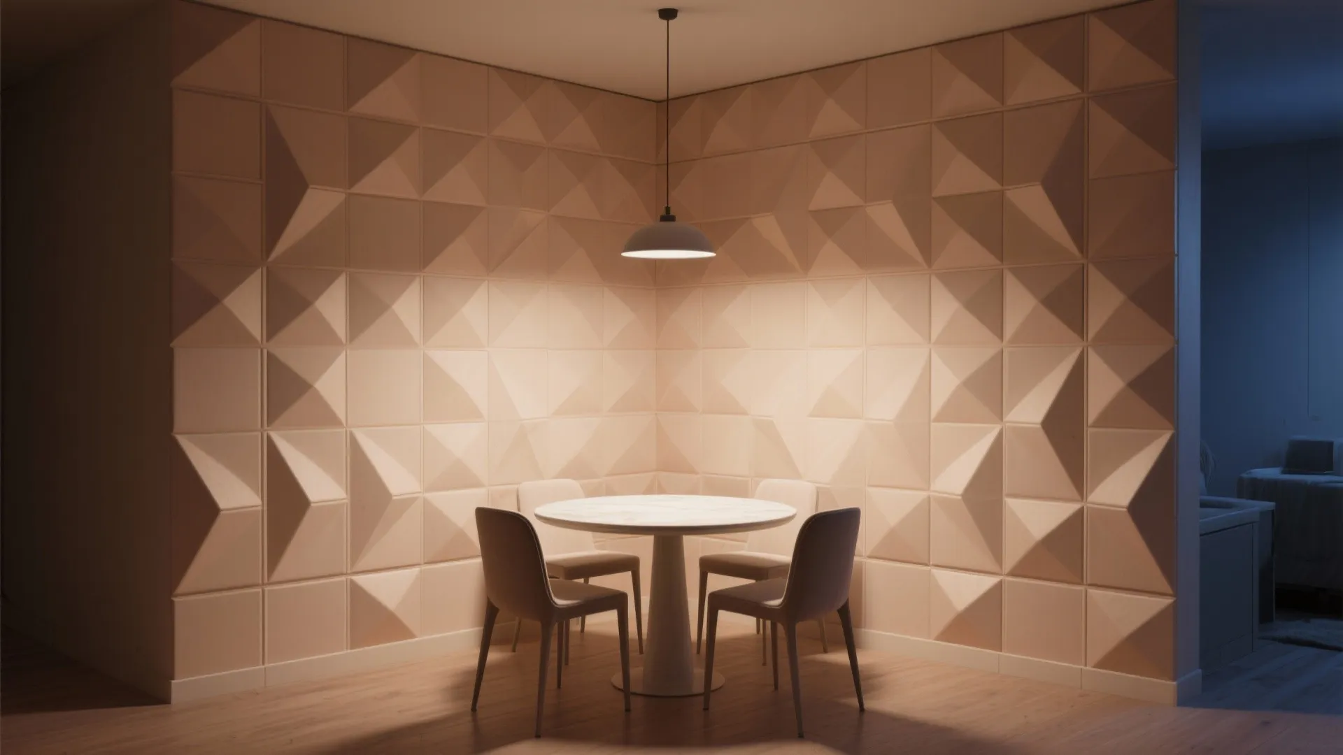 Dining area with geometric 3D wall panels, round white table, four chairs, and ceiling light