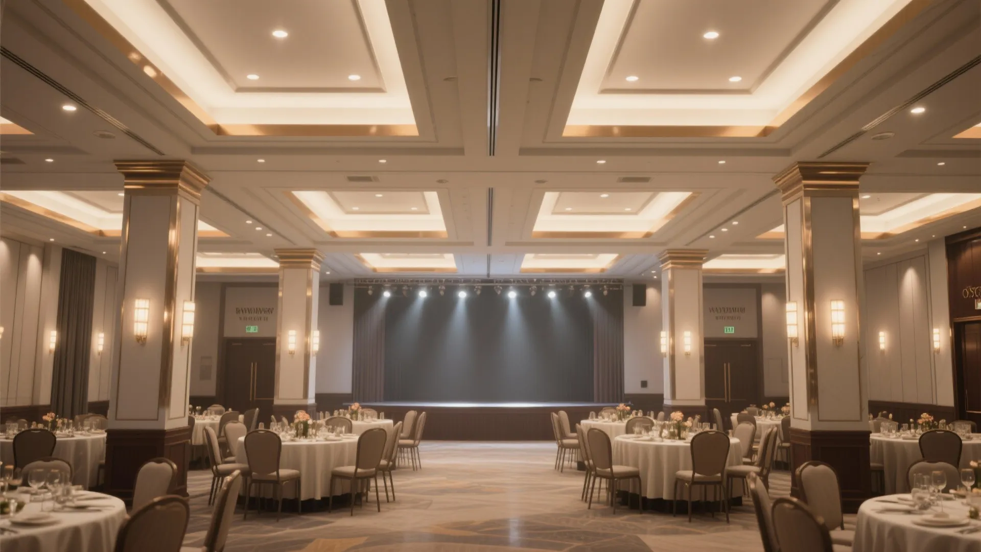 Grand ballroom with decorative ceiling lights white pillars round dining tables and a lit stage