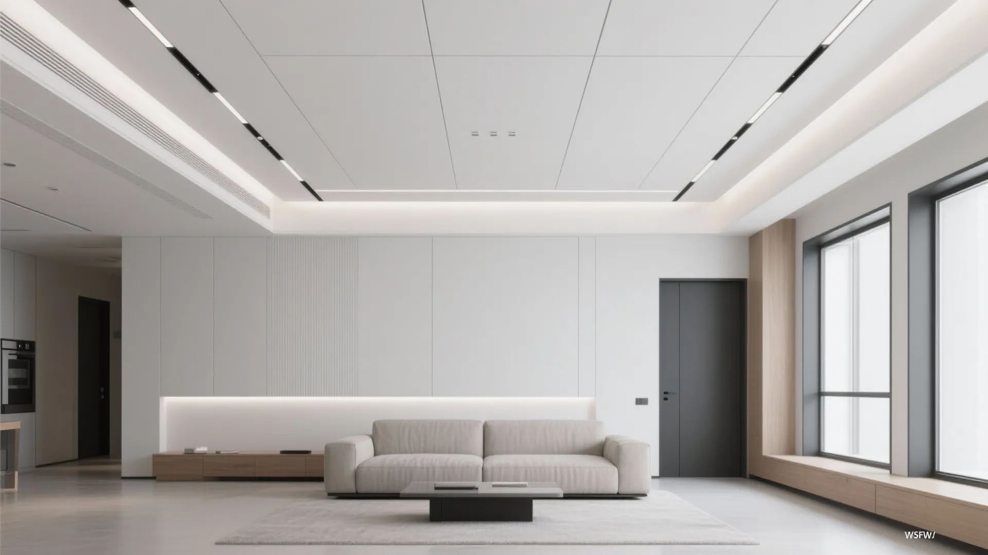 Minimalist living room with a grid patterned white ceiling grey sofa and large bright windows
