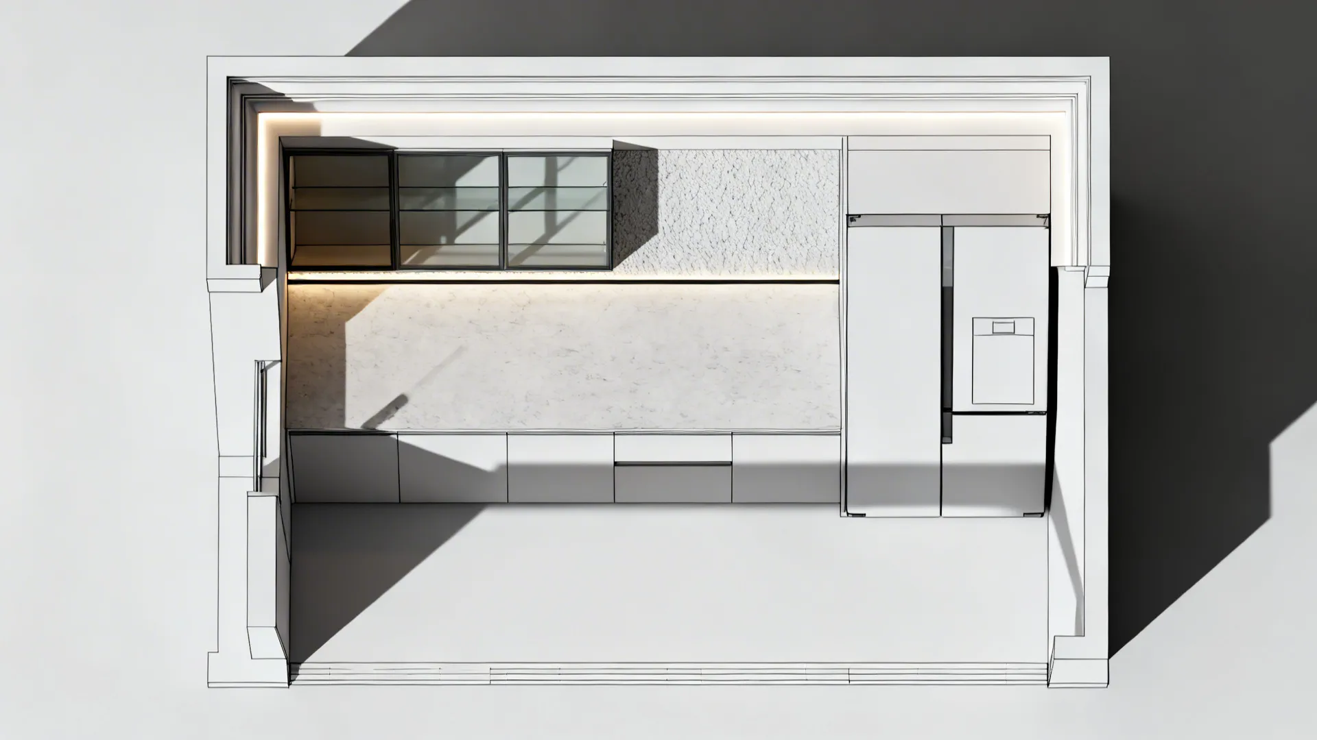 Top-down compact kitchen plan highlighting gypsum ceiling, niche, feature wall, bulkhead, and appliance boxing.