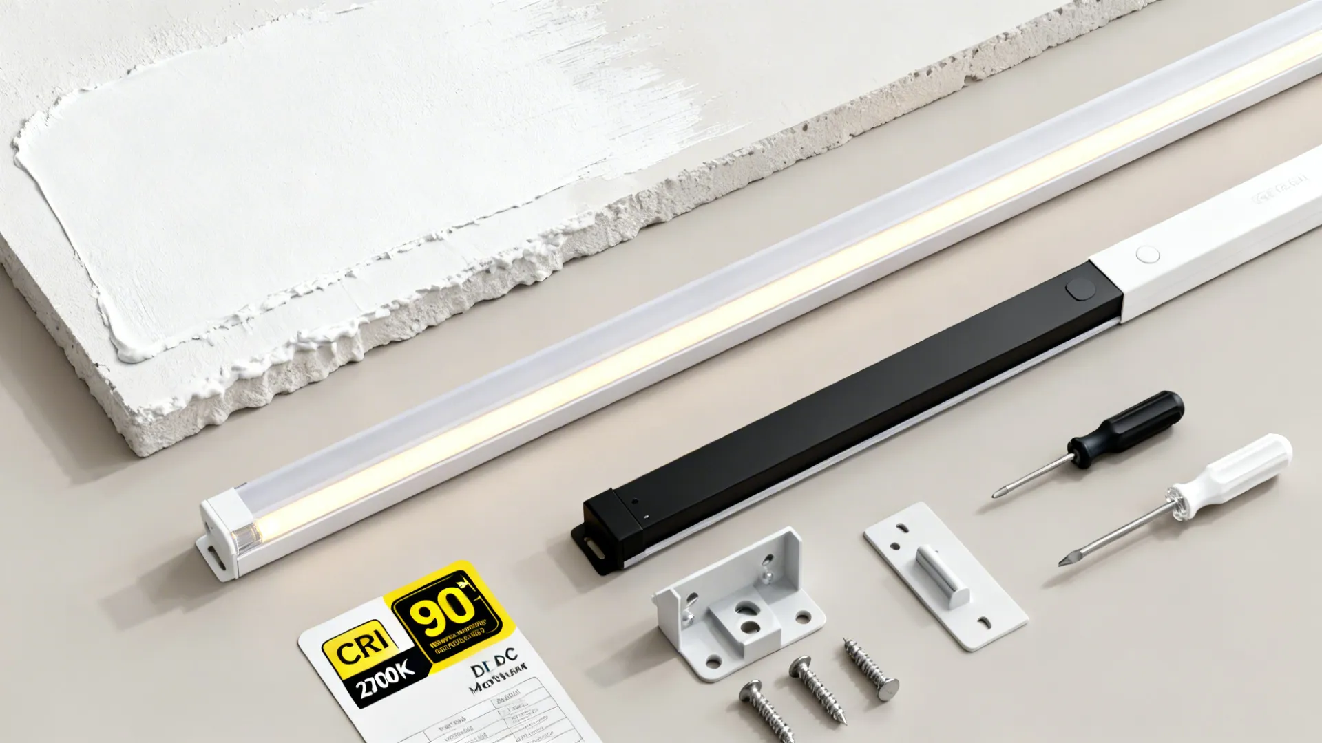 Top-down materials flat lay with white paint, gypsum board, warm linear LED profile, and slim fan finish sample.