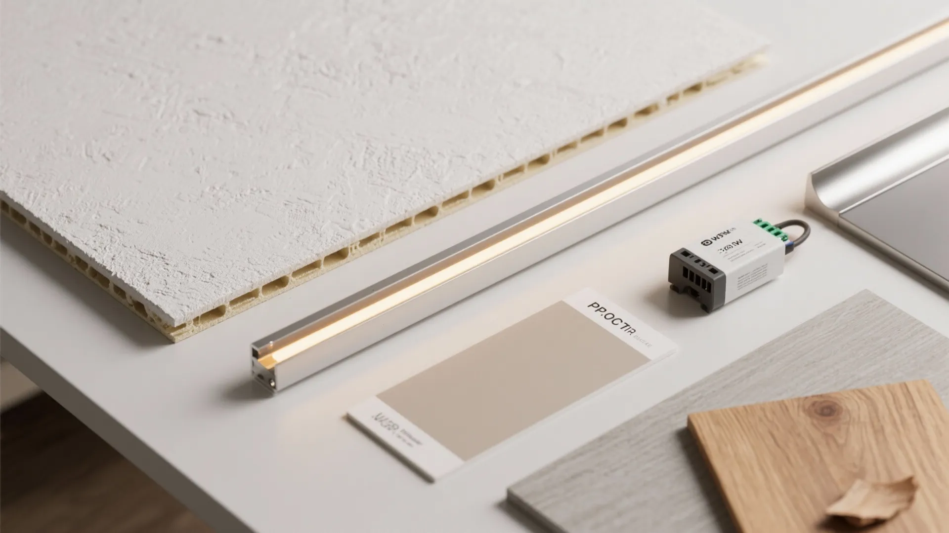 Interior design materials including a white wall panel light fixture wood samples and a color card