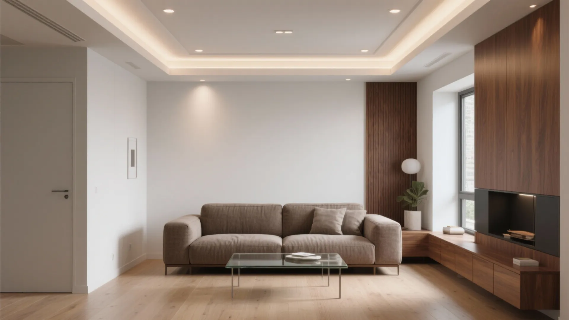 Modern living room featuring brown sofa glass coffee table wood wall paneling and ceiling lights