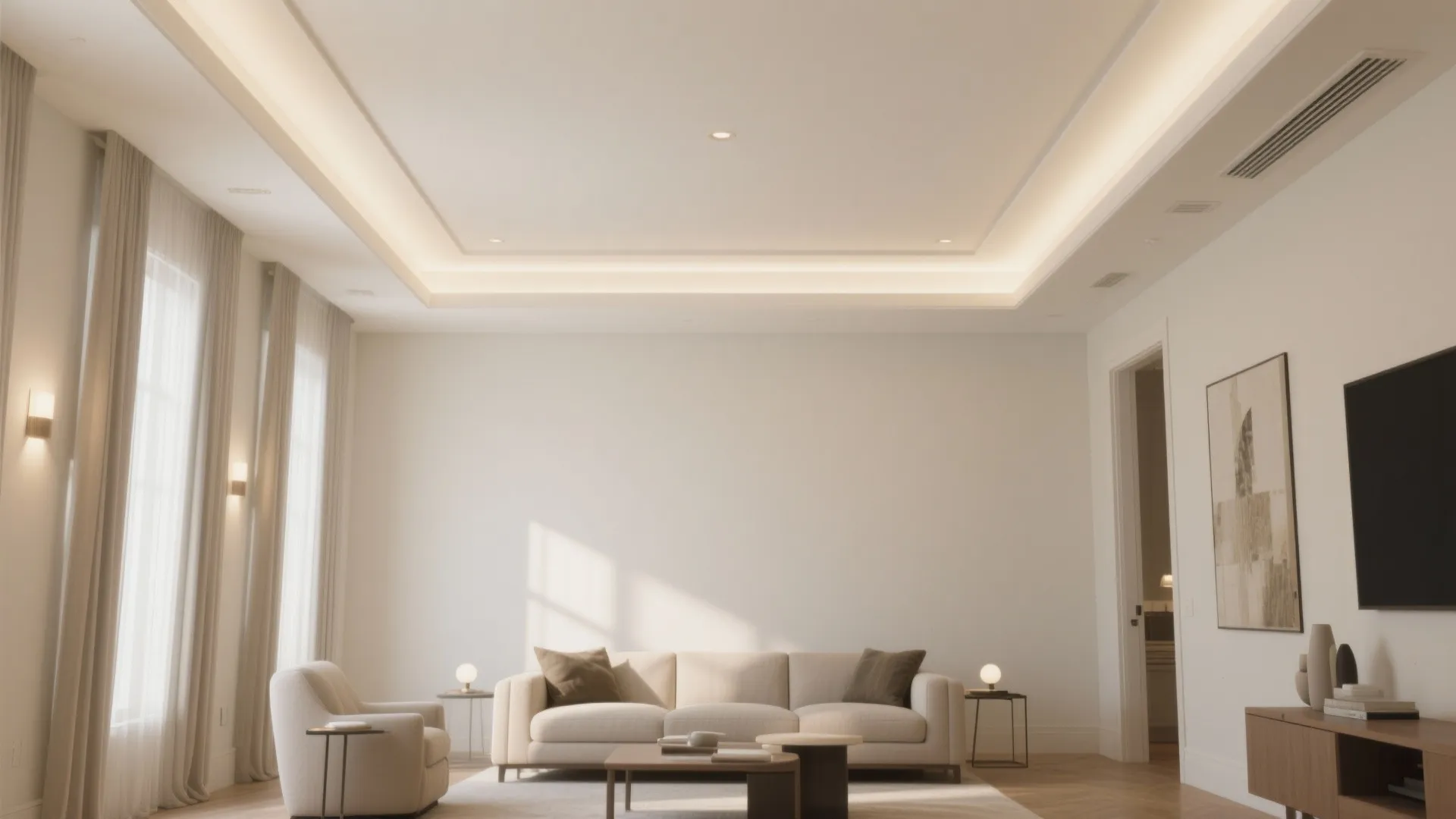 Modern living room with beige sofa white walls ceiling lights large curtains and wall lights