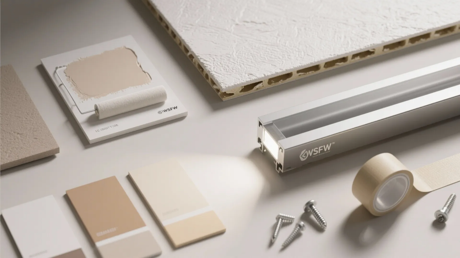 Interior design materials including wall panels paint samples light fixture screws and a small roller