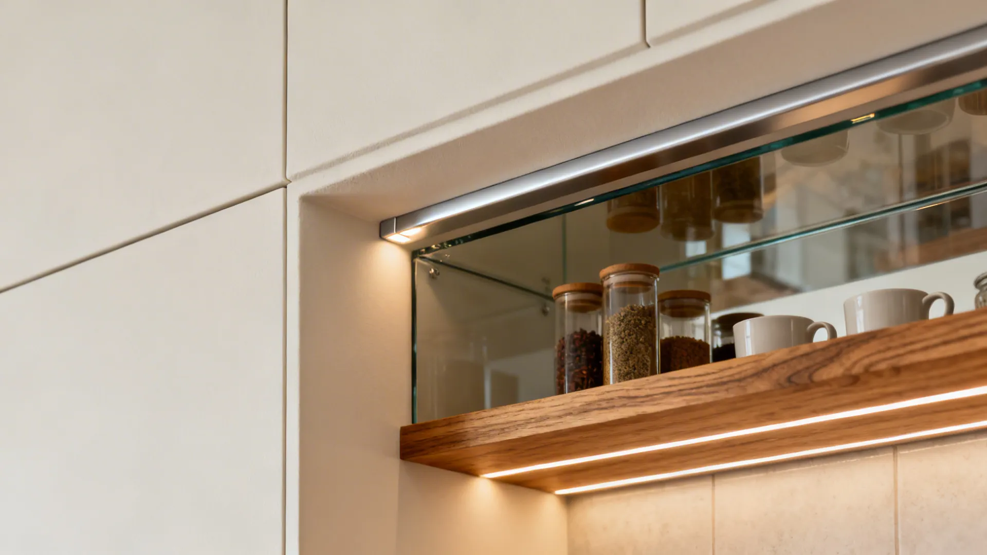 Gypsum-framed backsplash niche with glass insert, slim oak shelves, and concealed warm LED strip.