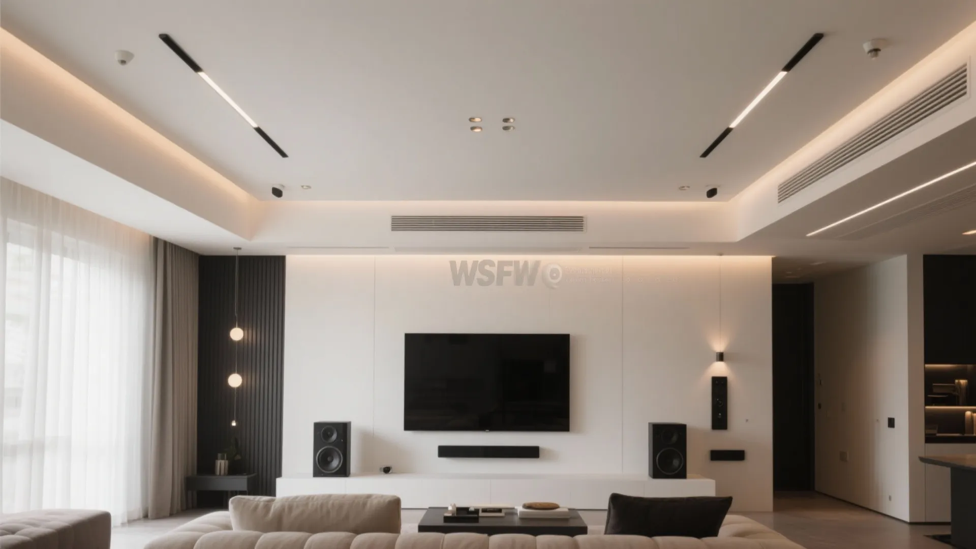 Gypsum false ceiling with recessed pockets (vents, speakers, and light)