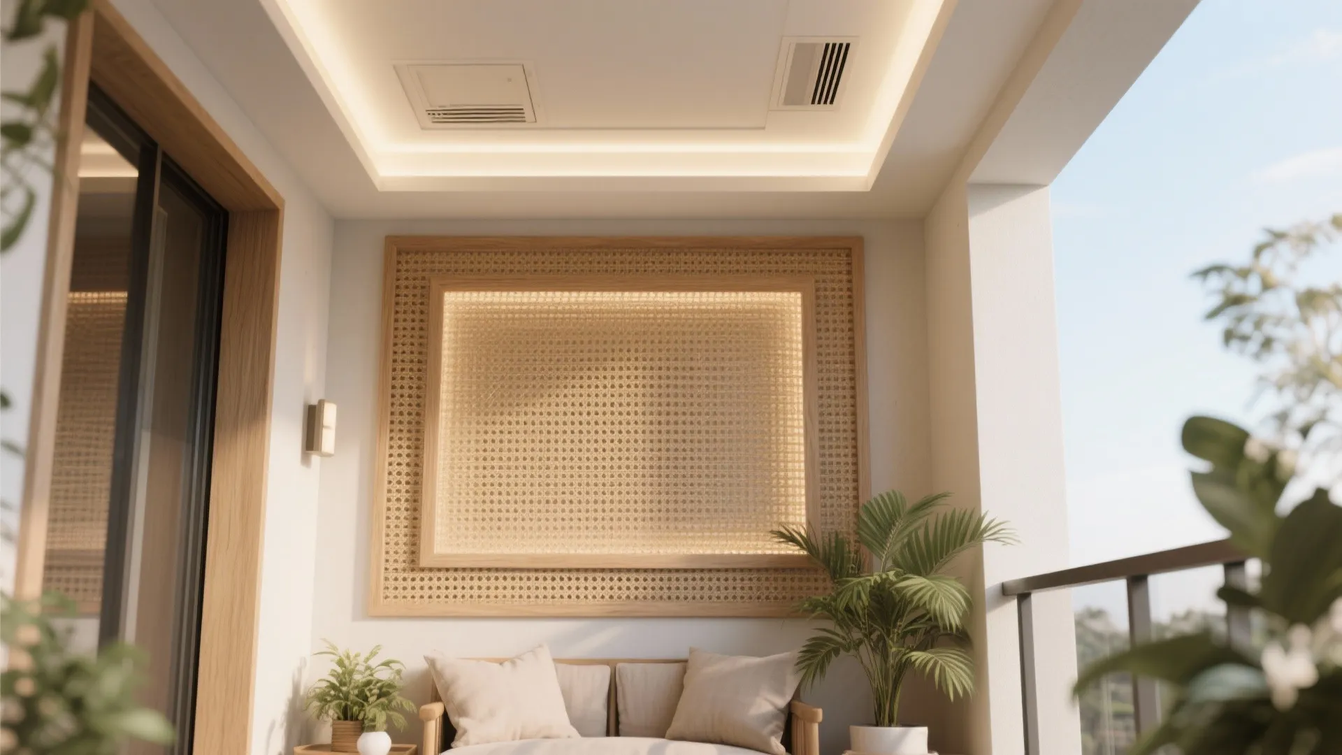Modern balcony design with wooden wall panel sofa green plants and warm hidden ceiling lights