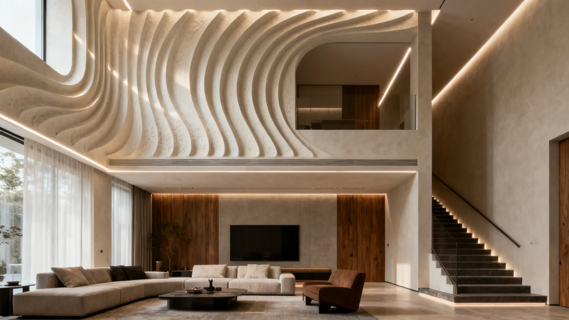 Sculptural gypsum ribs with linear grazers animating a double-height living room near a stair.