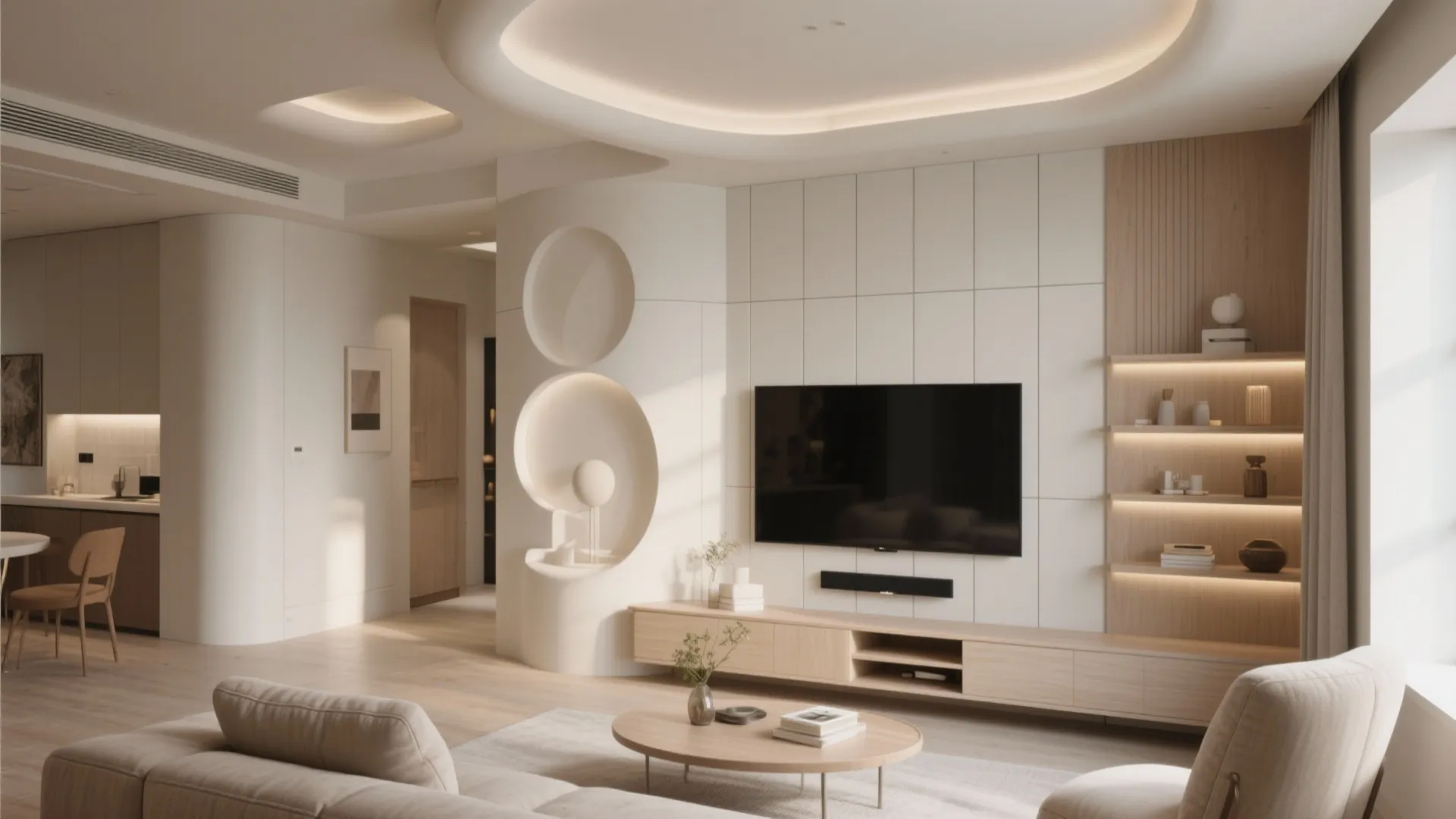 Modern cream living room with curved ceiling light white wall panels wooden cabinet and beige sofa