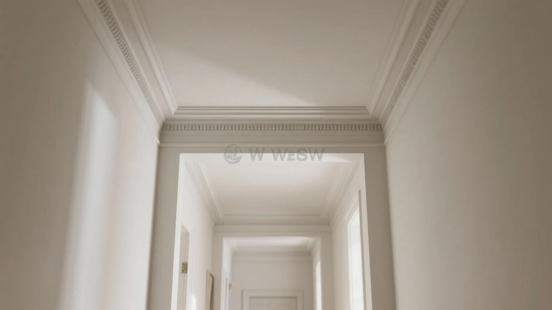 Elegant white hallway interior with decorative wall panel and ceiling light detail in minimalist design