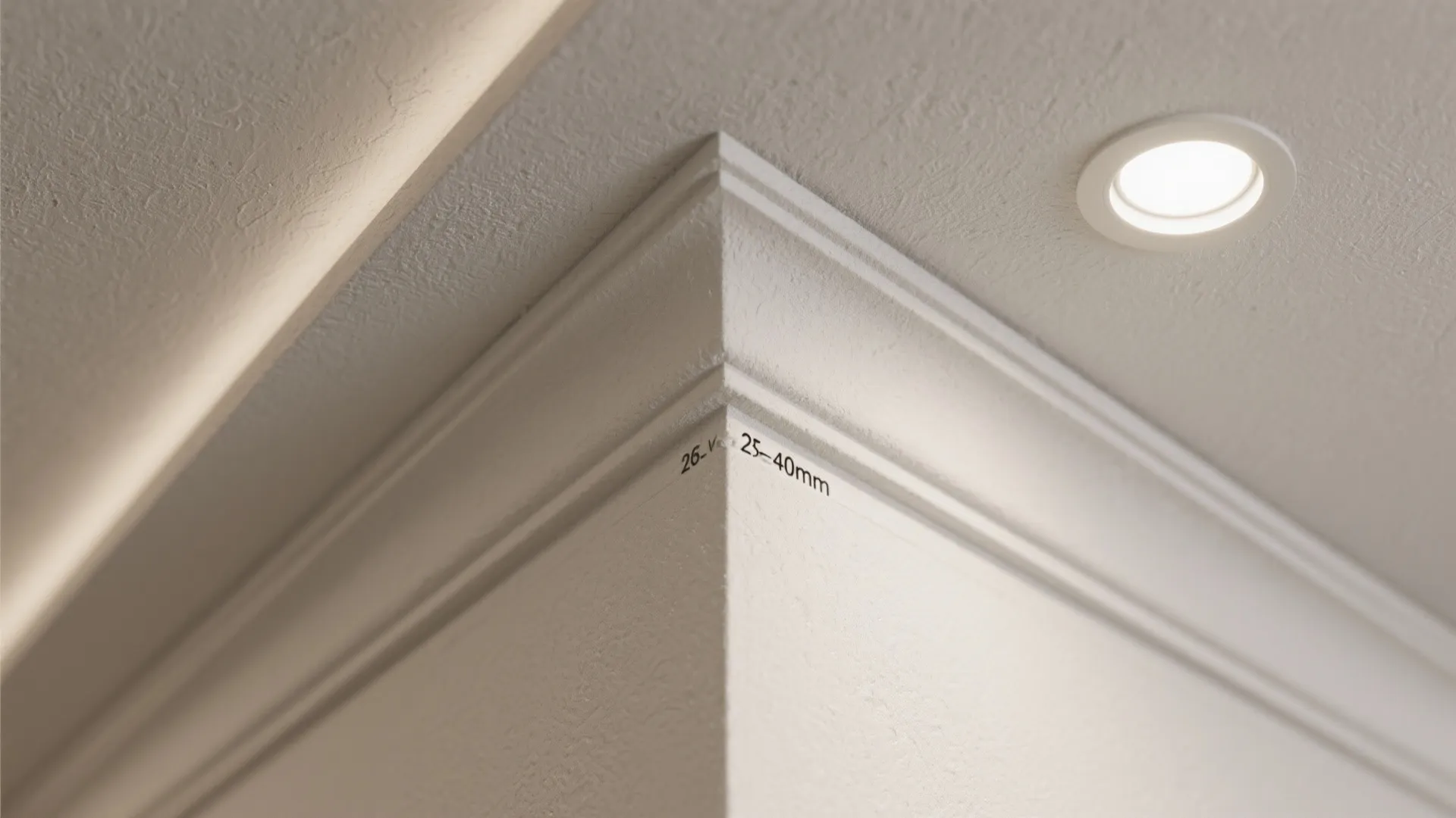 Close up of white wall panel corner showing measurement details with a small ceiling light