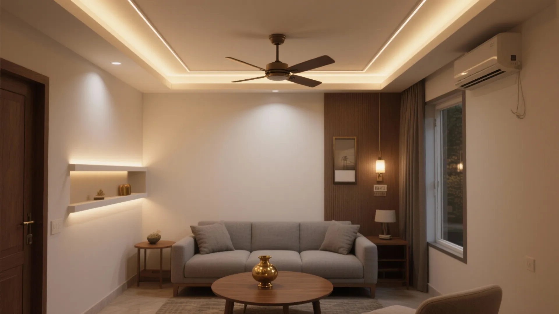 Gypsum tray ceiling with warm LED cove lighting