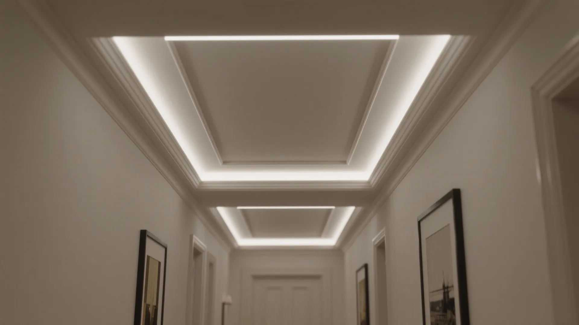 Long white hallway with bright hidden ceiling light strips and frames on the white walls