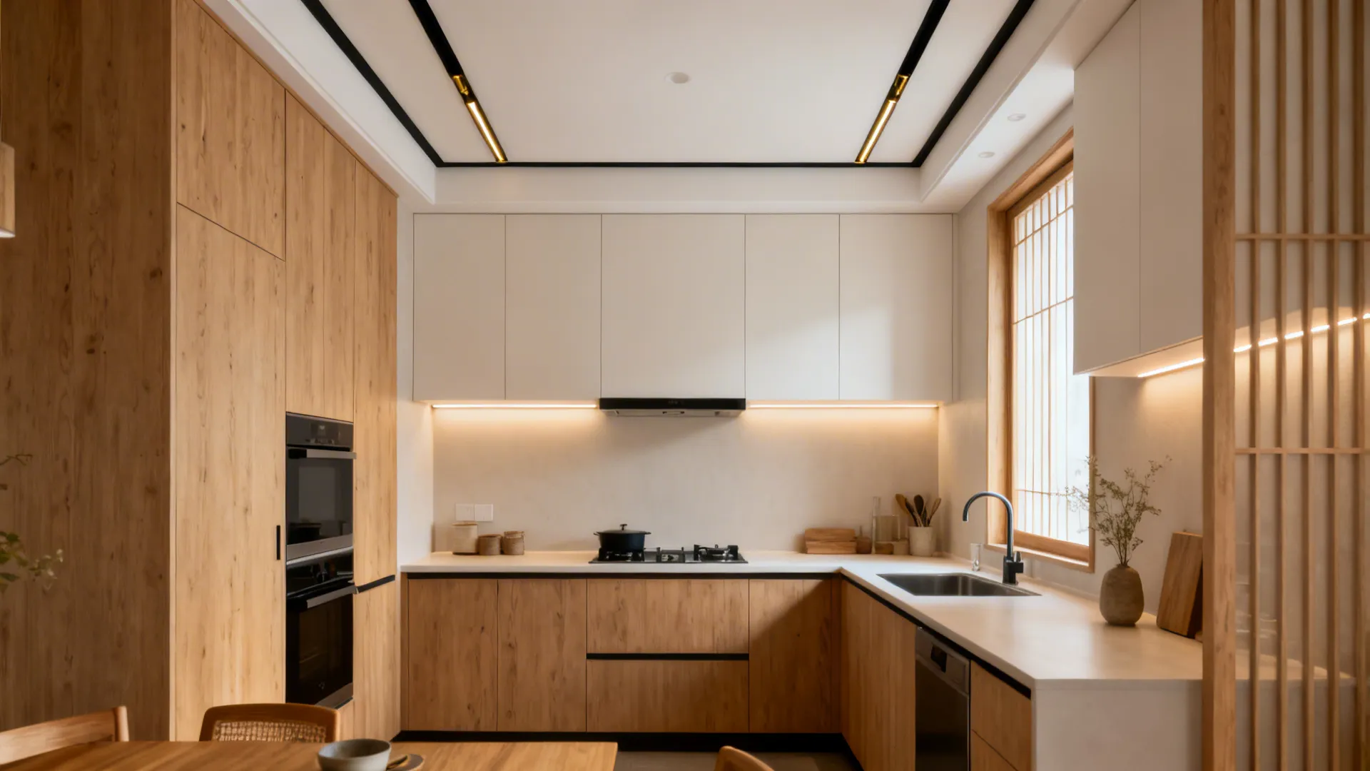 Compact kitchen with gypsum ceiling, slim metal trims, and hidden perimeter strip lights.