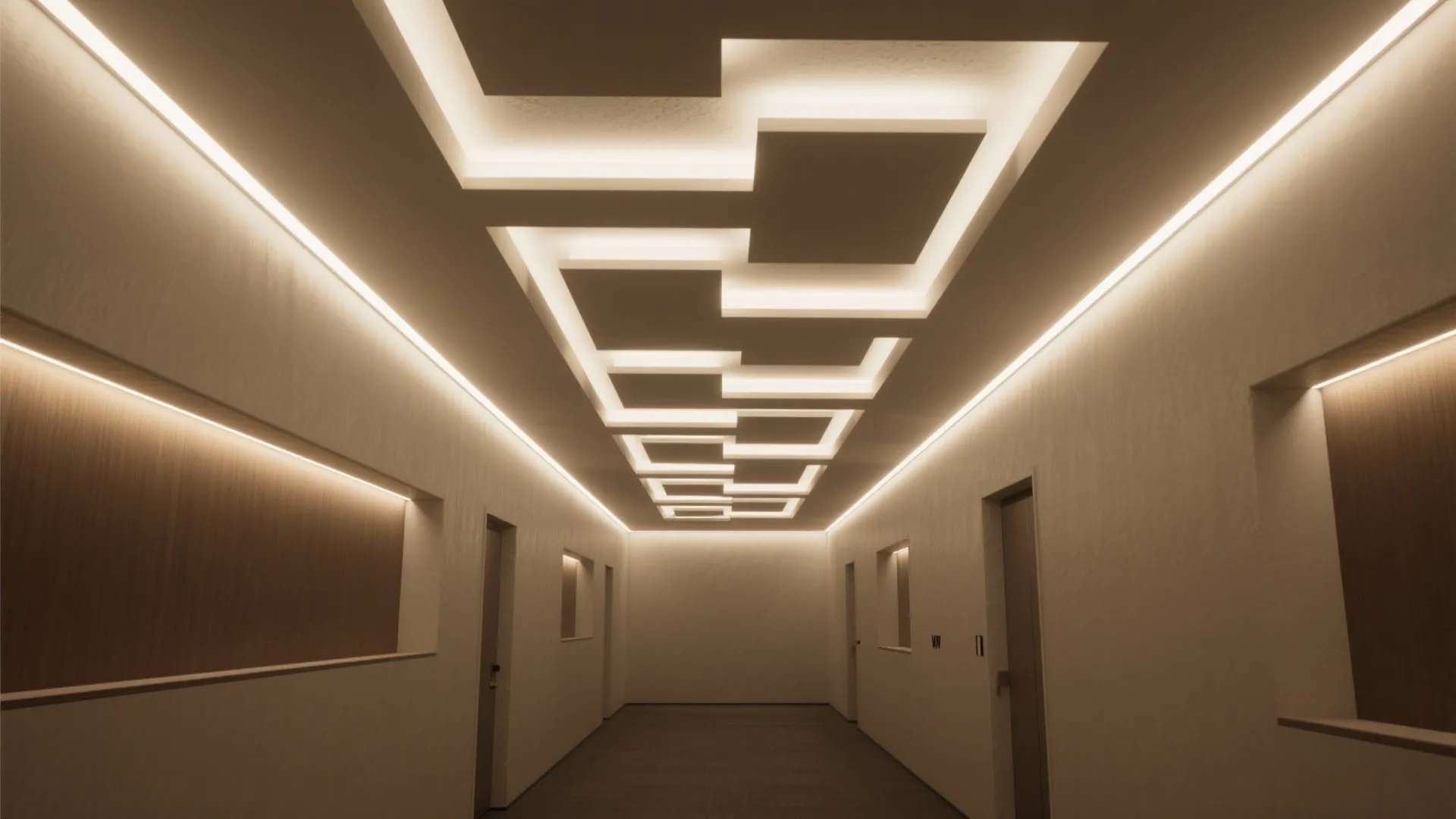 Layered Gypsum False Ceiling with Accent Troughs