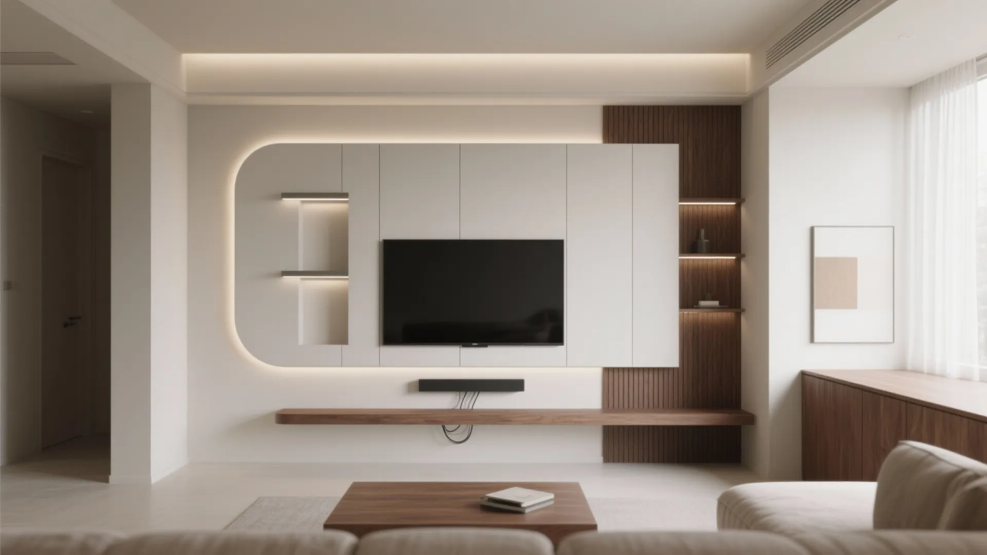 Minimalist living room featuring a wall mounted television with hidden light strips and wooden cabinet