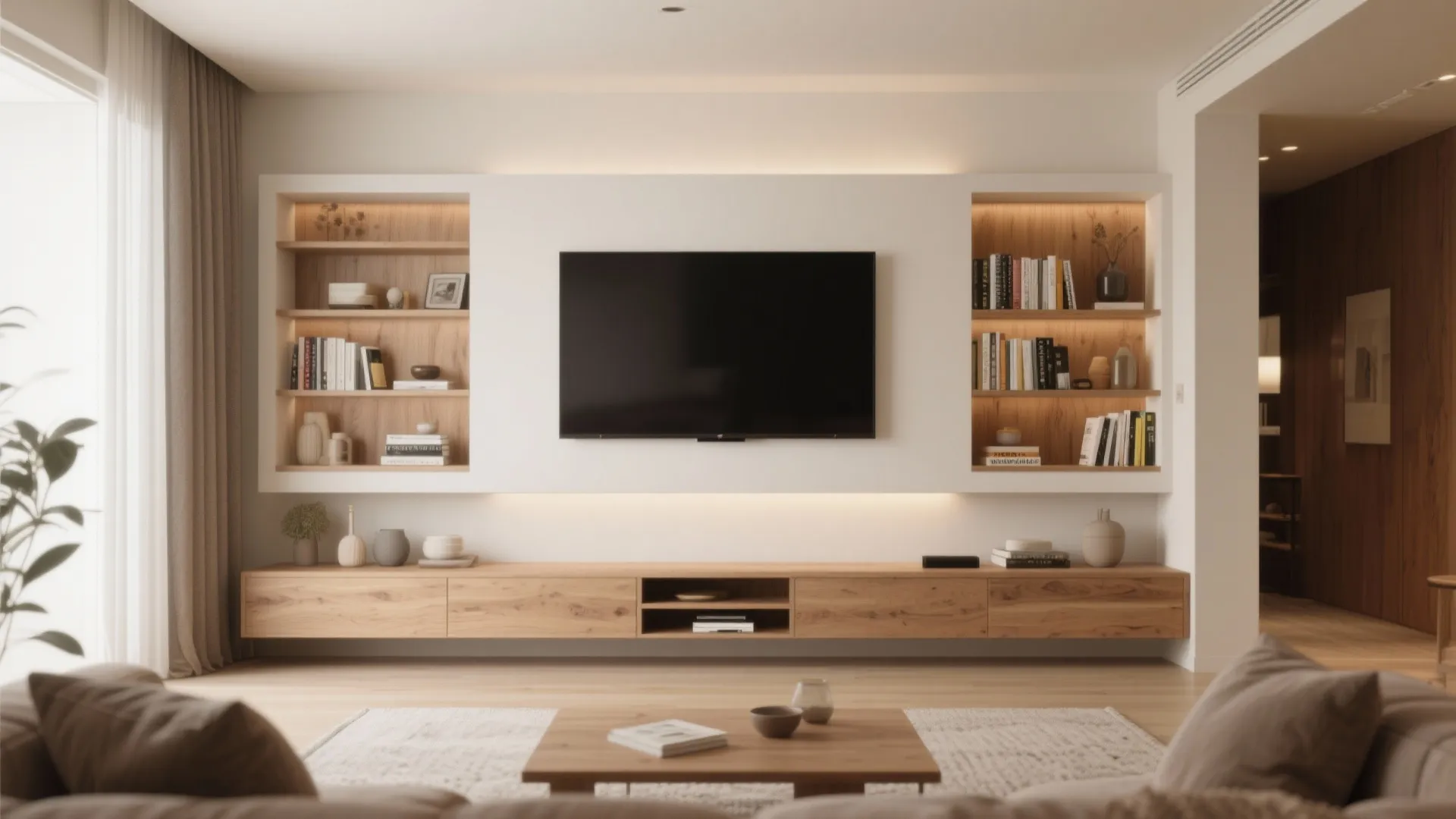 Minimalist television wall featuring wood shelves with warm lights long cabinet and a low coffee table