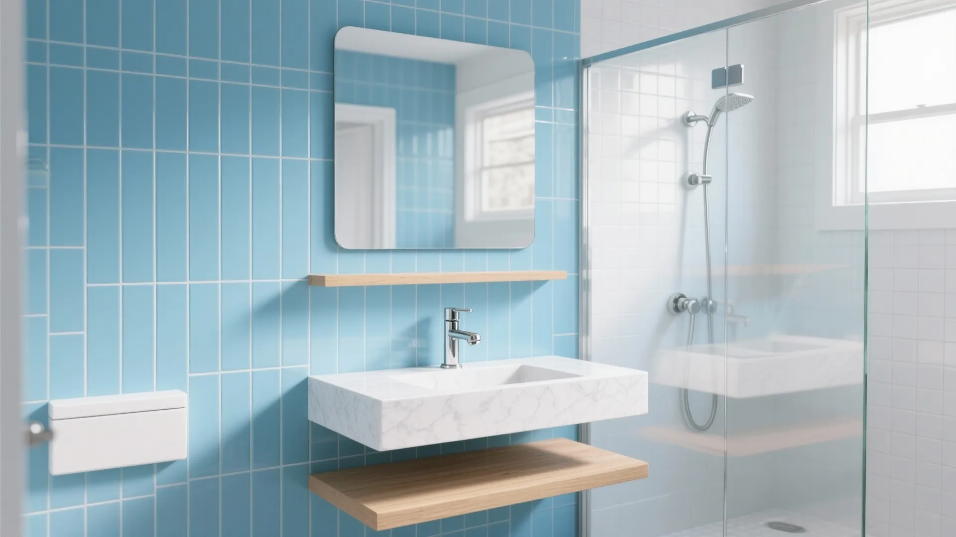Modern bathroom with blue wall tiles white marble sink wooden shelves and glass shower door