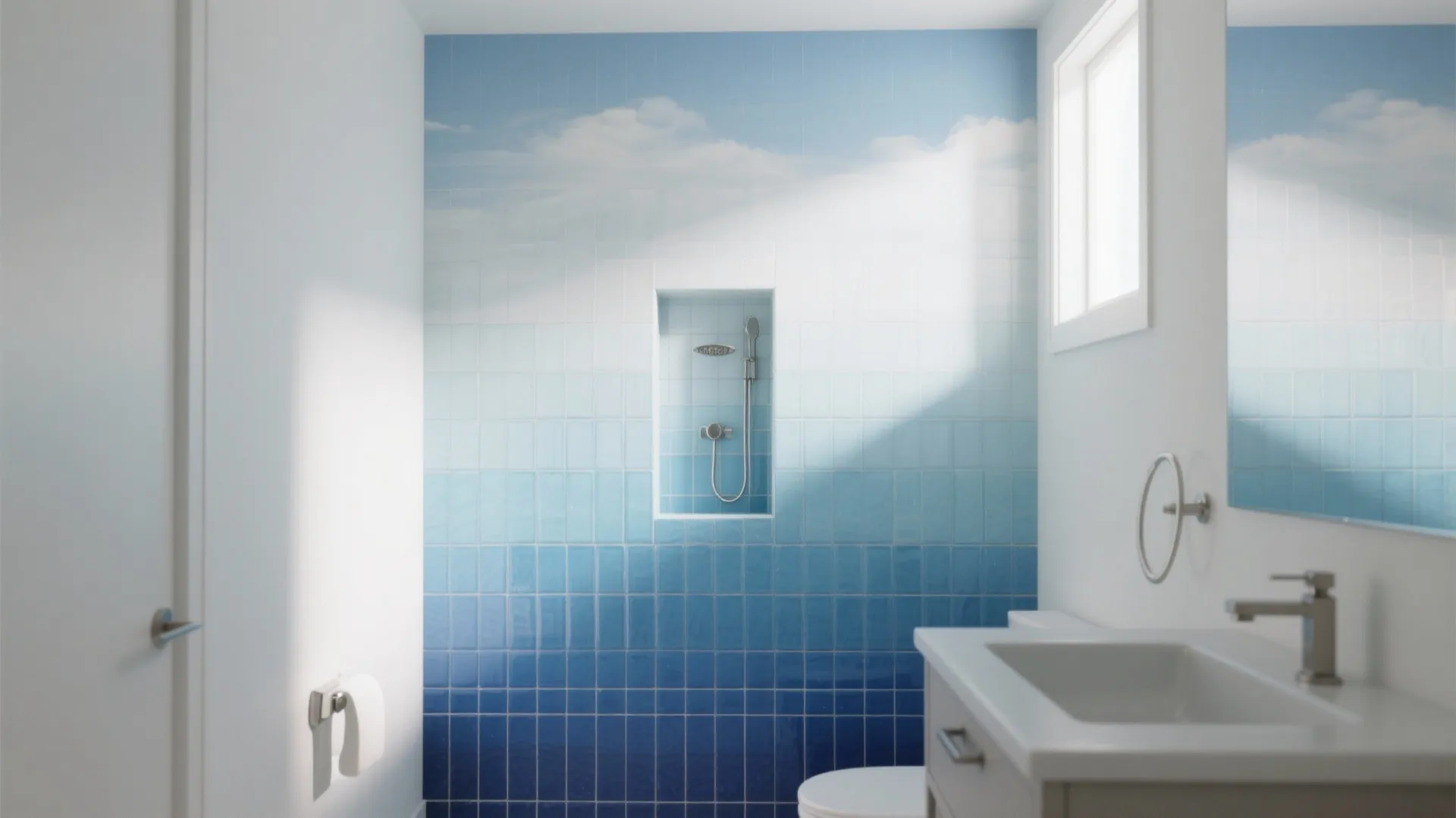 Modern bathroom with blue gradient wall tiles and white sink cabinet under bright natural window light
