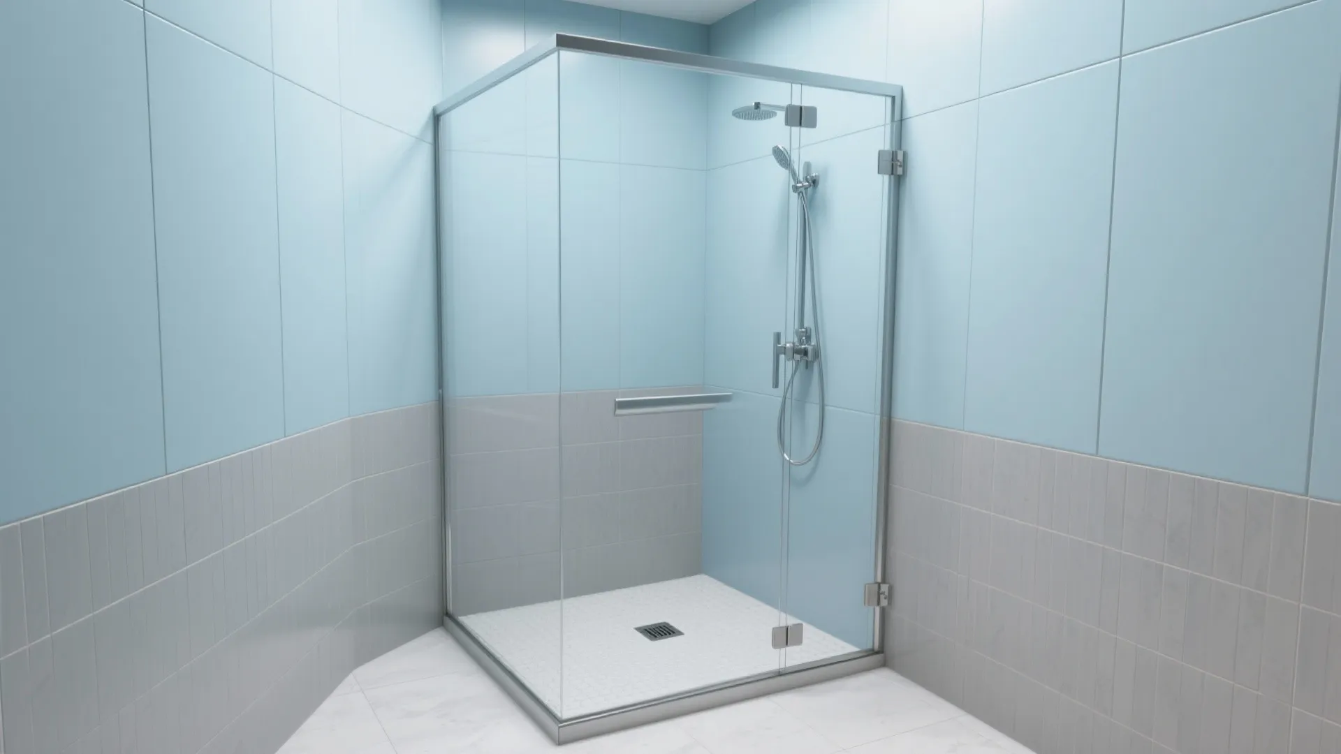 Glass shower enclosure in corner with blue wall tiles and grey tiles on lower walls