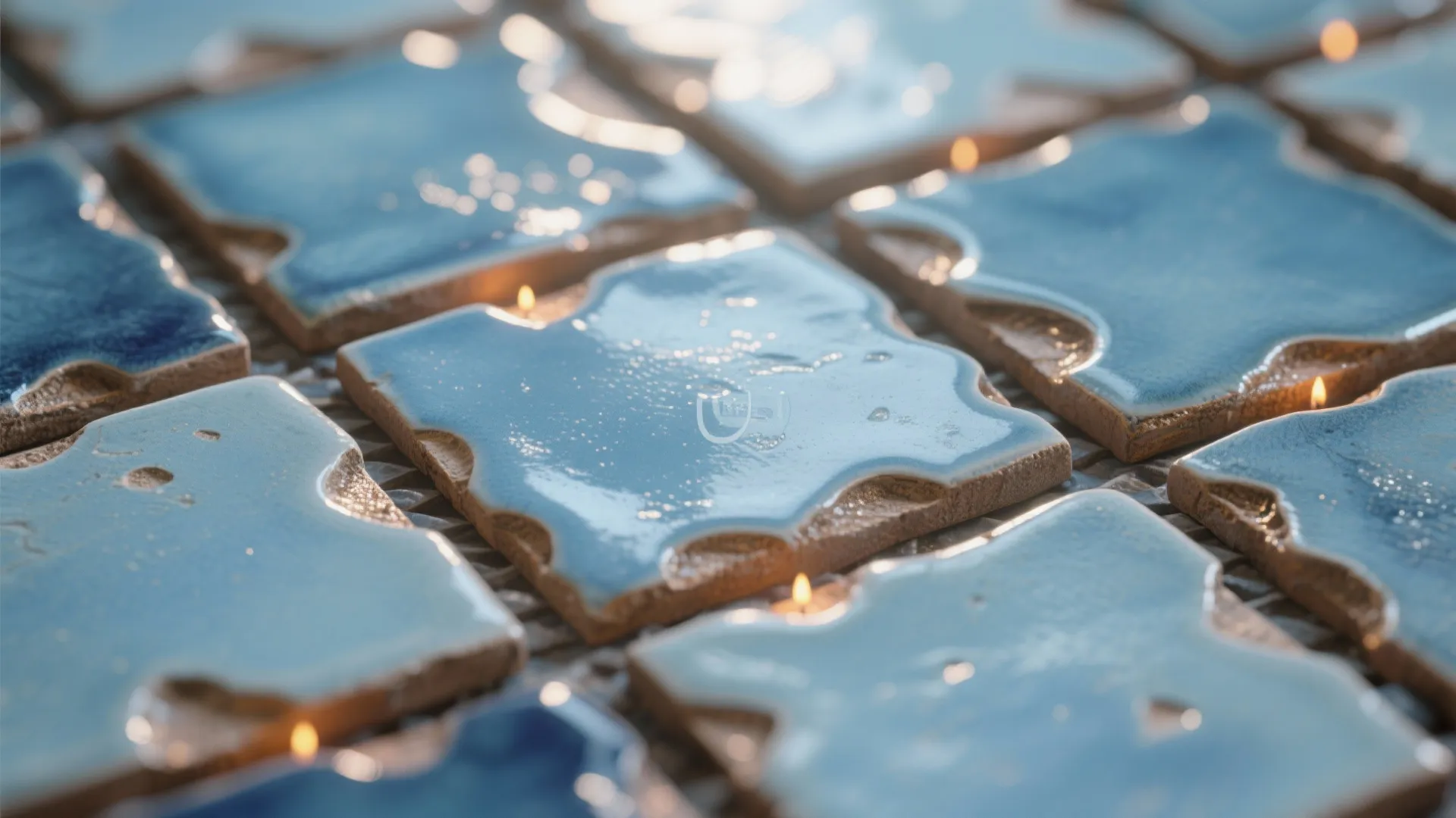 Close up of handmade light blue square wall tiles with glossy finish and uneven natural edges
